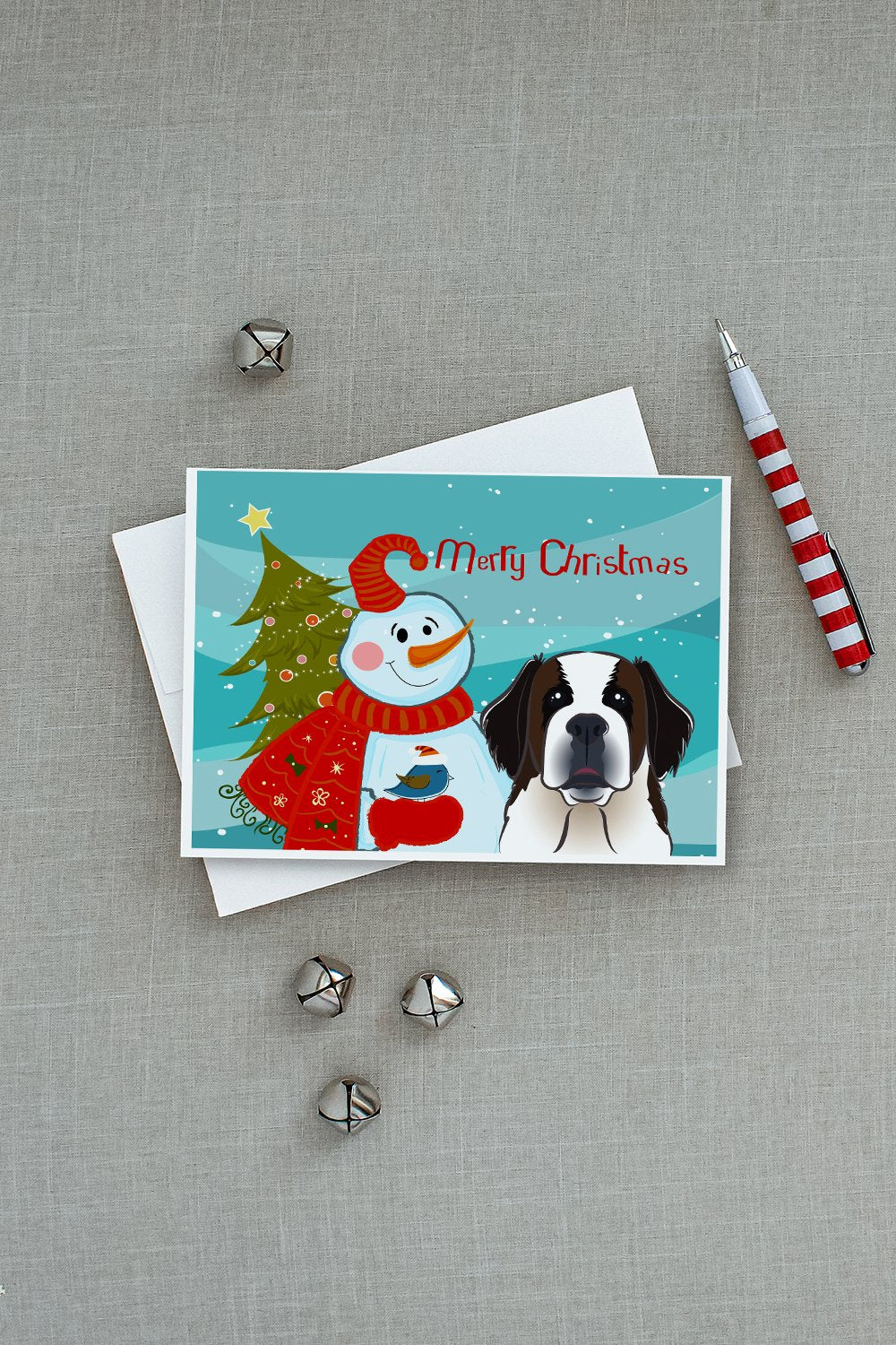 Snowman with Saint Bernard Greeting Cards and Envelopes Pack of 8 - the-store.com