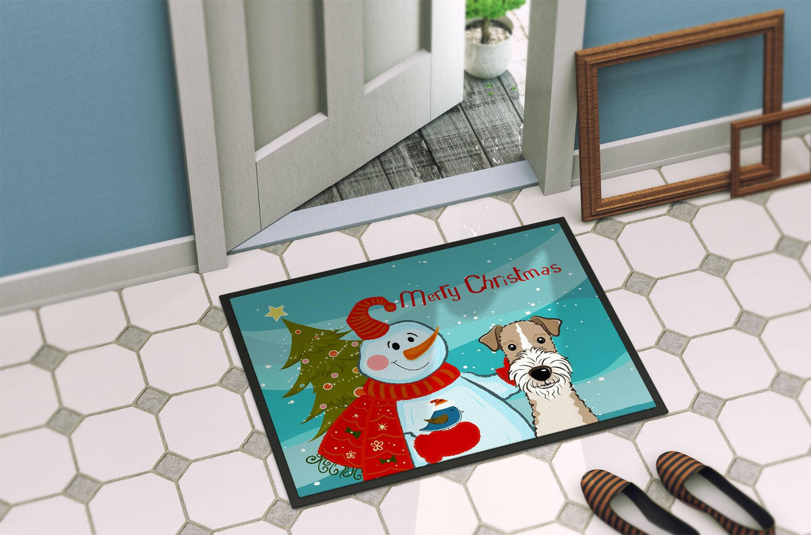 Snowman with Wire Haired Fox Terrier Indoor or Outdoor Mat 24x36 BB1867JMAT - the-store.com