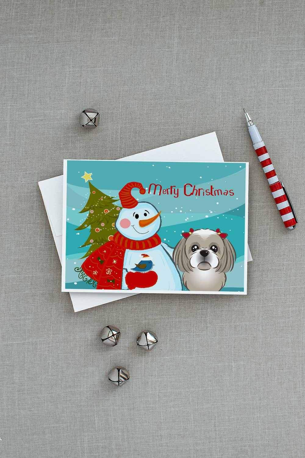 Snowman with Gray Silver Shih Tzu Greeting Cards and Envelopes Pack of 8 - the-store.com