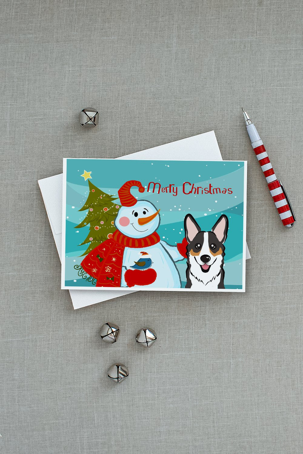 Snowman with Tricolor Corgi Greeting Cards and Envelopes Pack of 8 - the-store.com