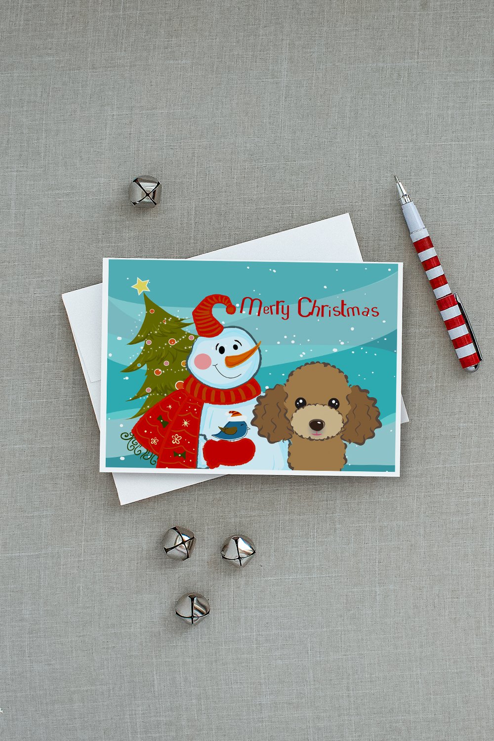 Snowman with Chocolate Brown Poodle Greeting Cards and Envelopes Pack of 8 - the-store.com