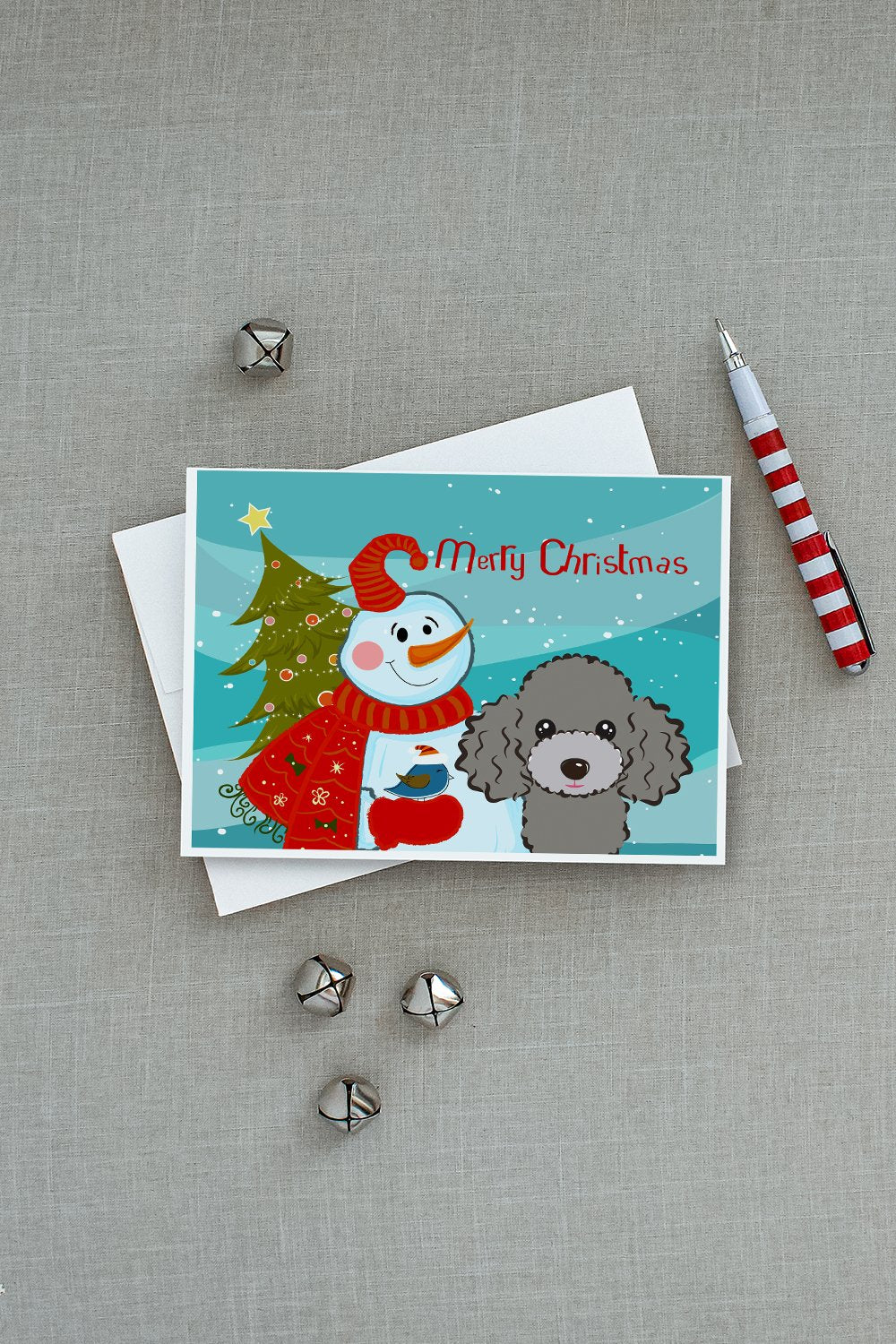 Snowman with Silver Gray Poodle Greeting Cards and Envelopes Pack of 8 - the-store.com