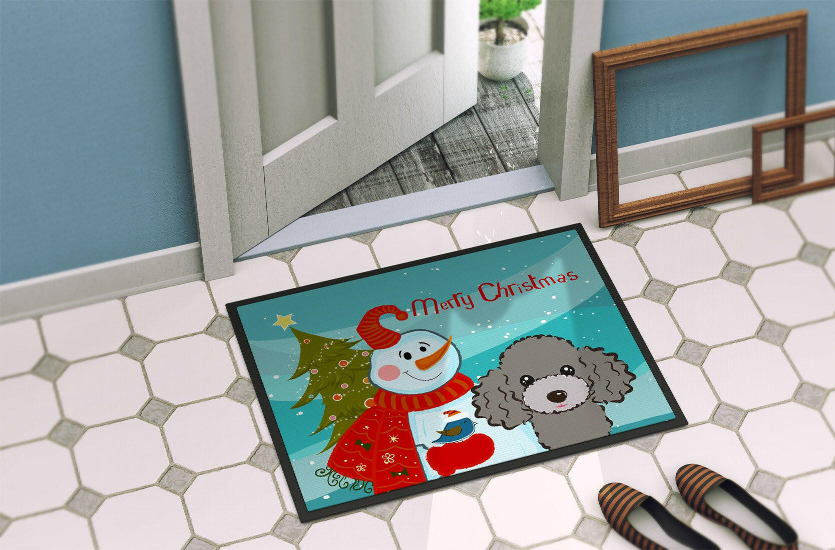 Snowman with Silver Gray Poodle Indoor or Outdoor Mat 24x36 BB1879JMAT - the-store.com