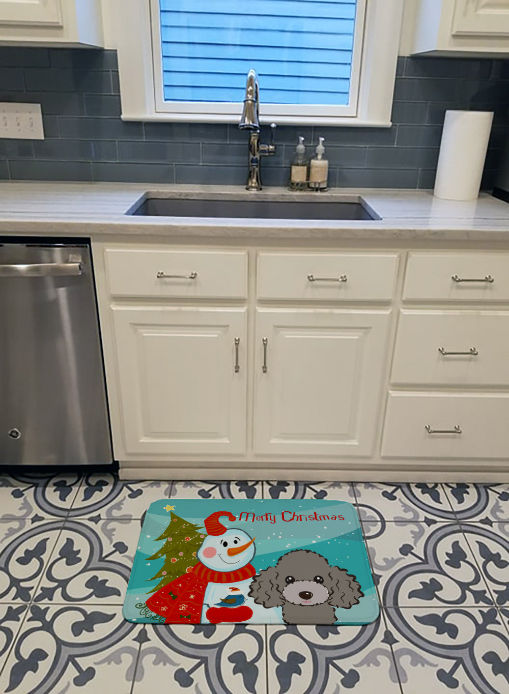 Snowman with Silver Gray Poodle Machine Washable Memory Foam Mat BB1879RUG - the-store.com
