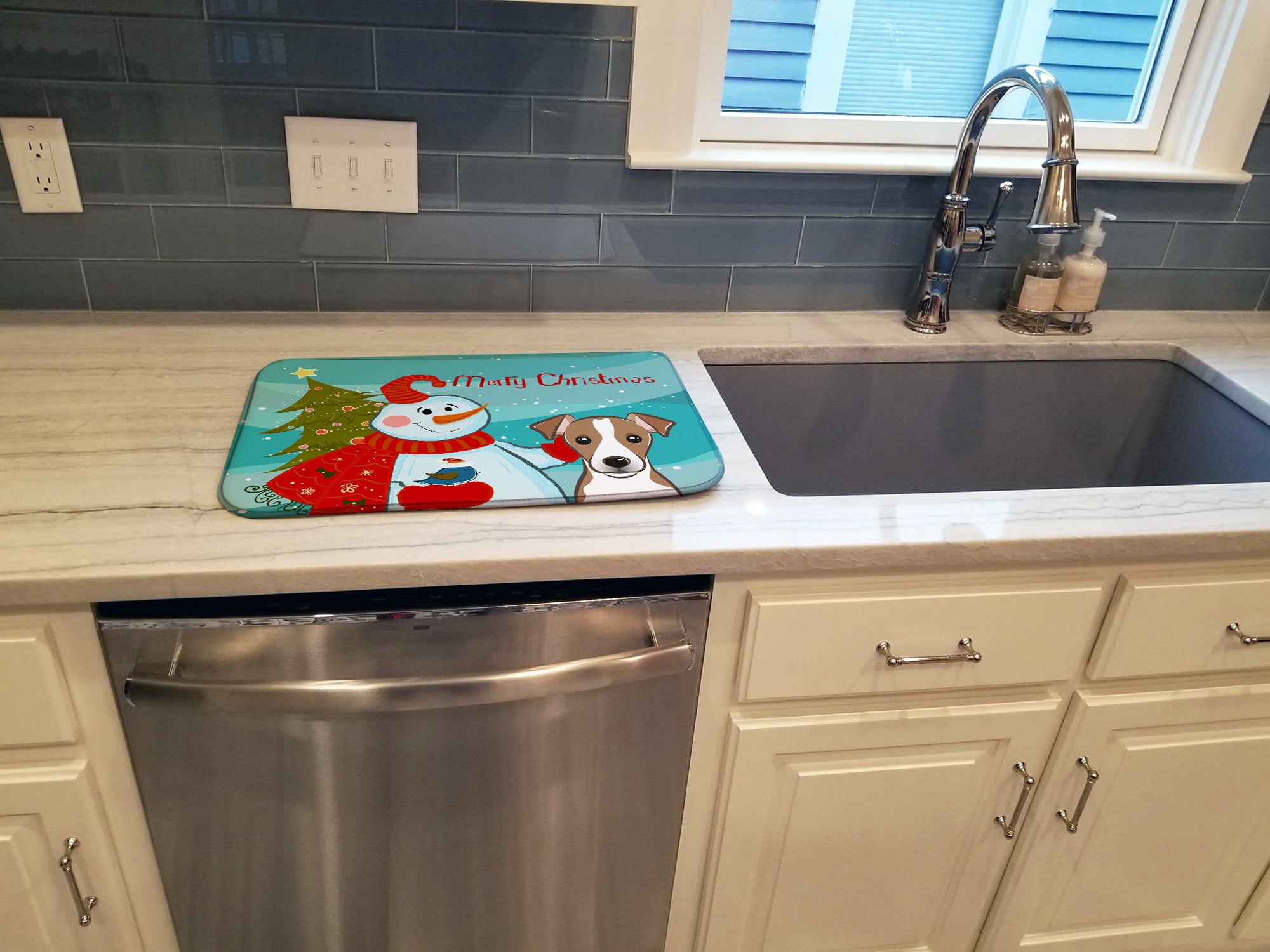 Snowman with Jack Russell Terrier Dish Drying Mat BB1880DDM  the-store.com.
