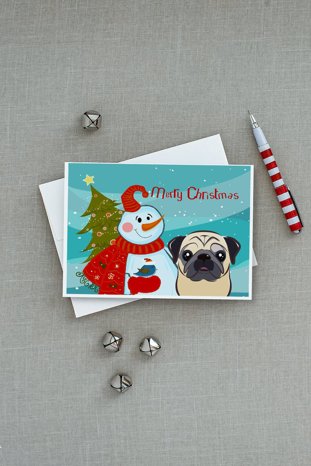 Snowman with Fawn Pug Greeting Cards and Envelopes Pack of 8 - the-store.com