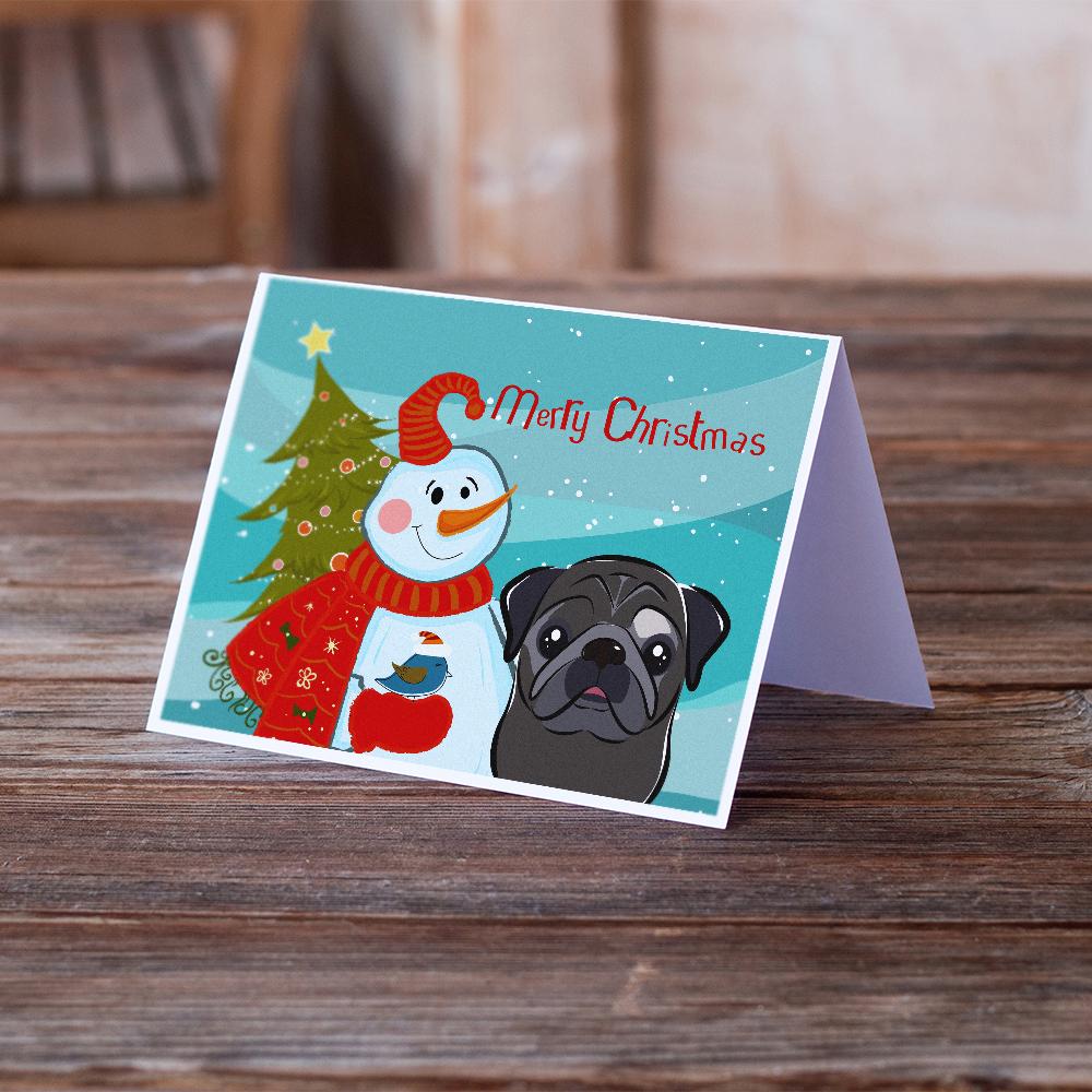 Snowman with Black Pug Greeting Cards and Envelopes Pack of 8 - the-store.com