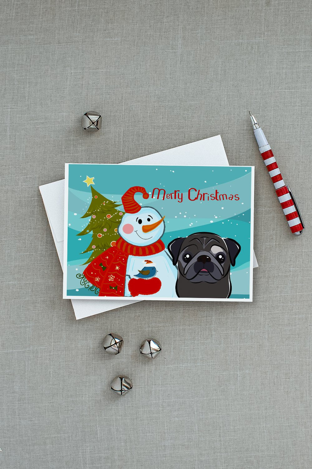 Snowman with Black Pug Greeting Cards and Envelopes Pack of 8 - the-store.com