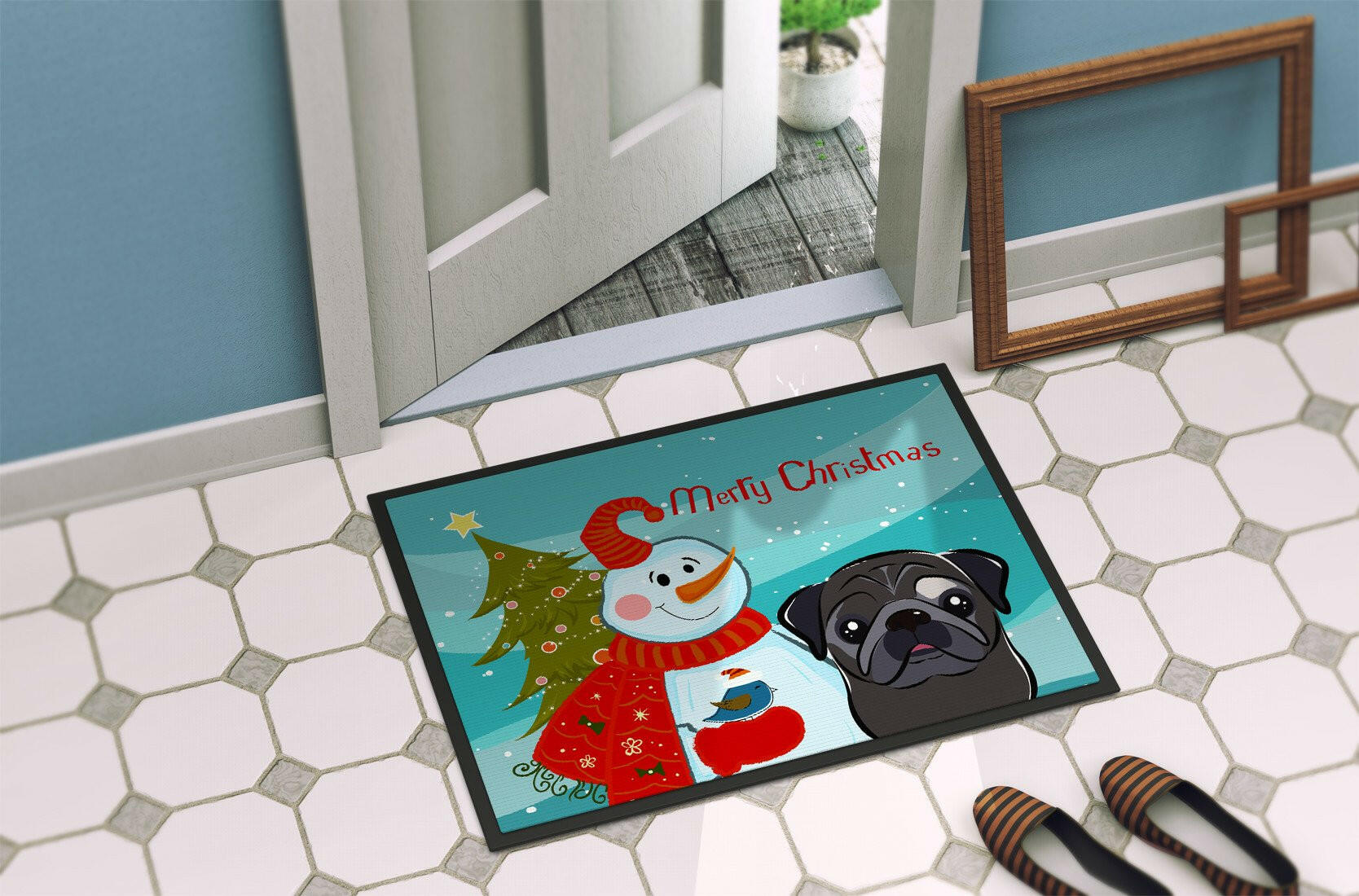 Snowman with Black Pug Indoor or Outdoor Mat 24x36 BB1883JMAT - the-store.com