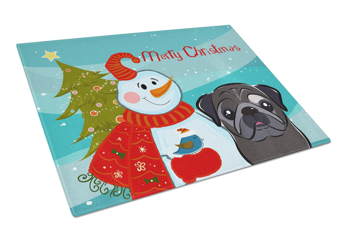 Snowman with Black Pug Glass Cutting Board Large BB1883LCB by Caroline&#39;s Treasures