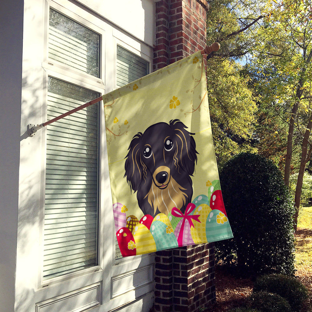 Longhair Black and Tan Dachshund Easter Egg Hunt Flag Canvas House Size BB1895CHF  the-store.com.