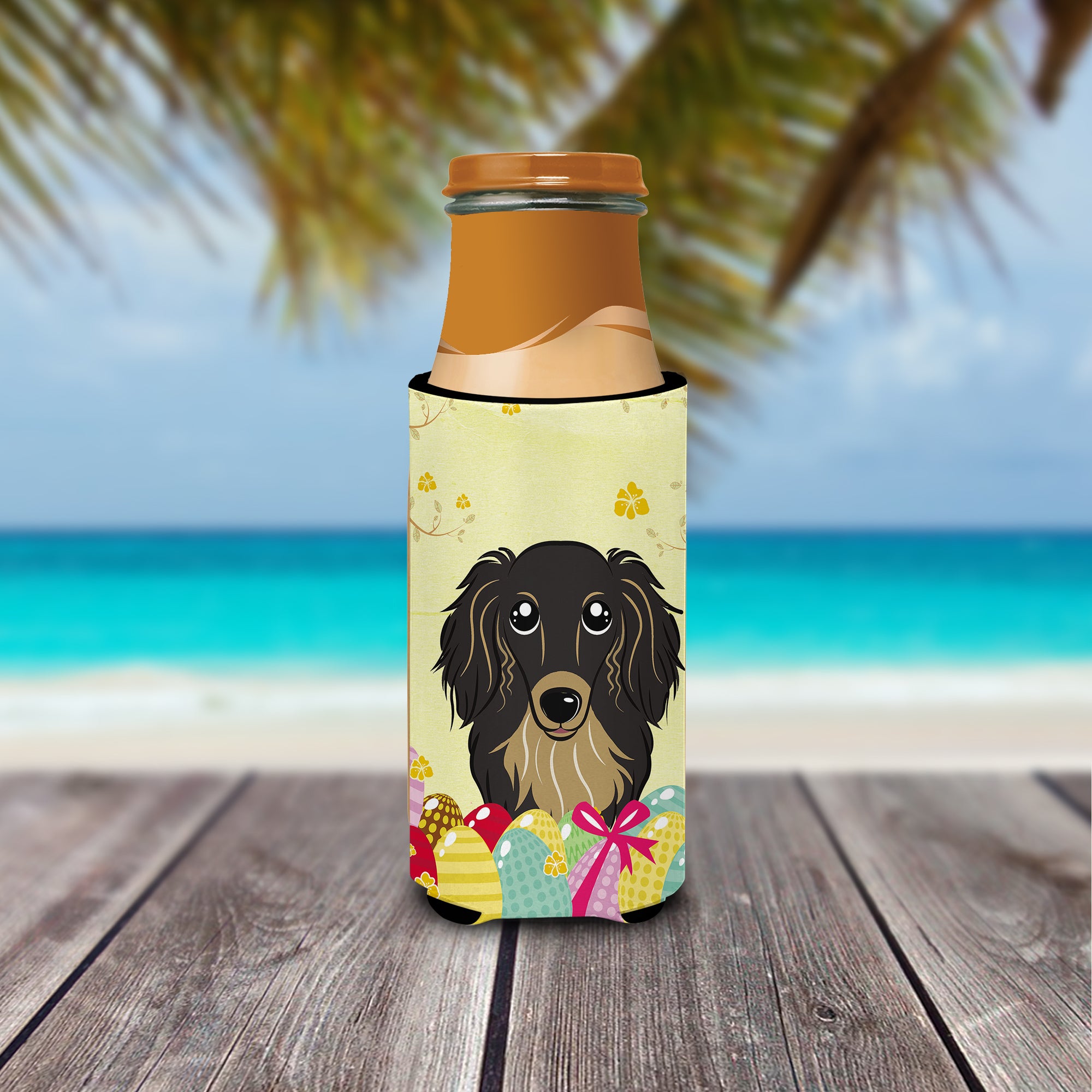 Longhair Black and Tan Dachshund Easter Egg Hunt  Ultra Beverage Insulator for slim cans BB1895MUK  the-store.com.