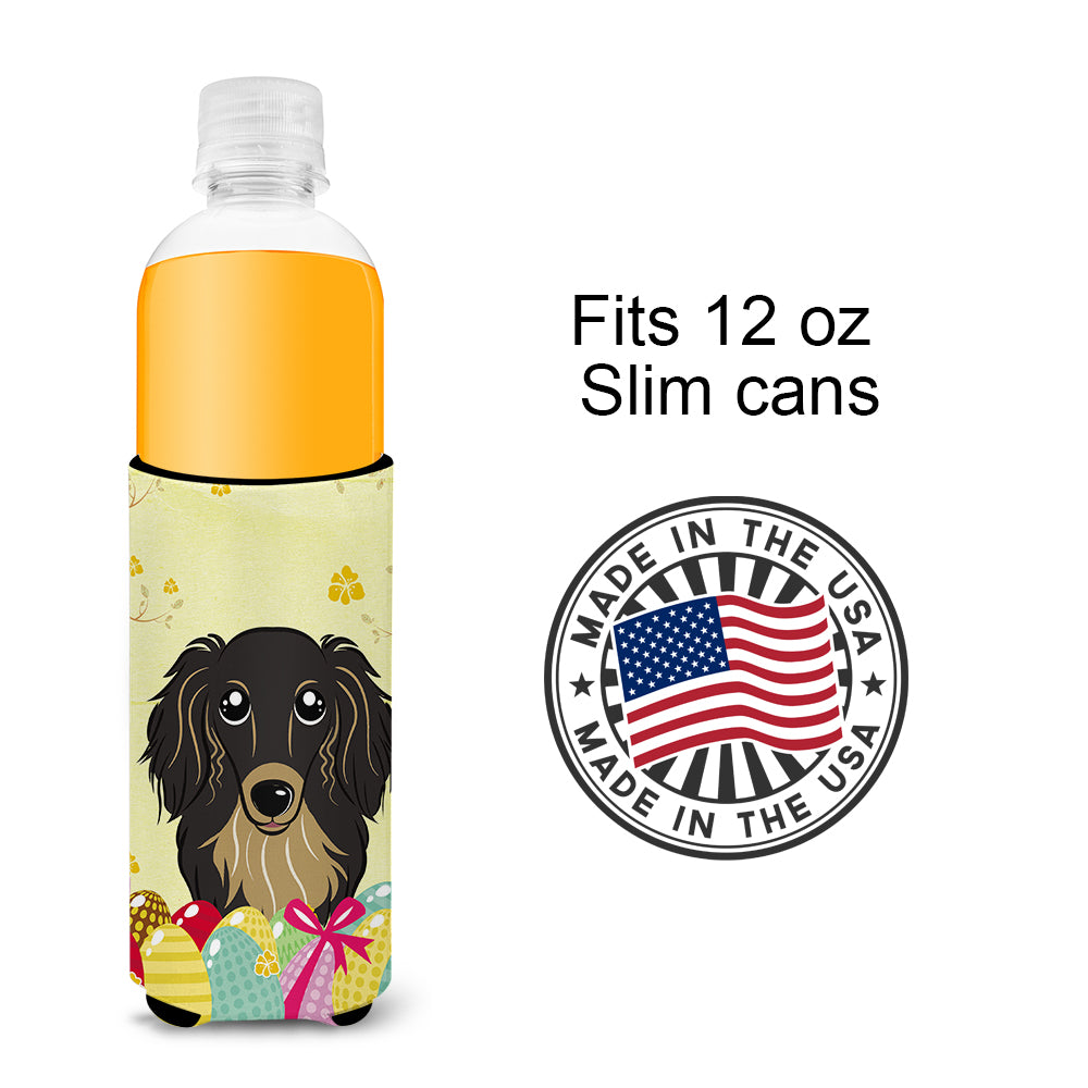 Longhair Black and Tan Dachshund Easter Egg Hunt  Ultra Beverage Insulator for slim cans BB1895MUK  the-store.com.