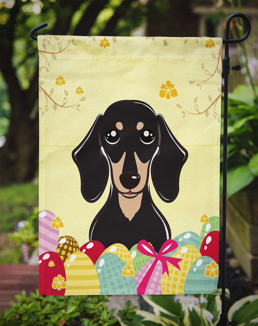 Smooth Black and Tan Dachshund Easter Egg Hunt Flag Garden Size BB1897GF  the-store.com.