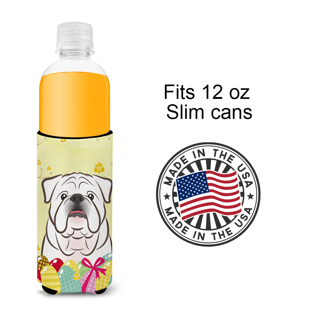 White English Bulldog  Easter Egg Hunt  Ultra Beverage Insulator for slim cans BB1902MUK