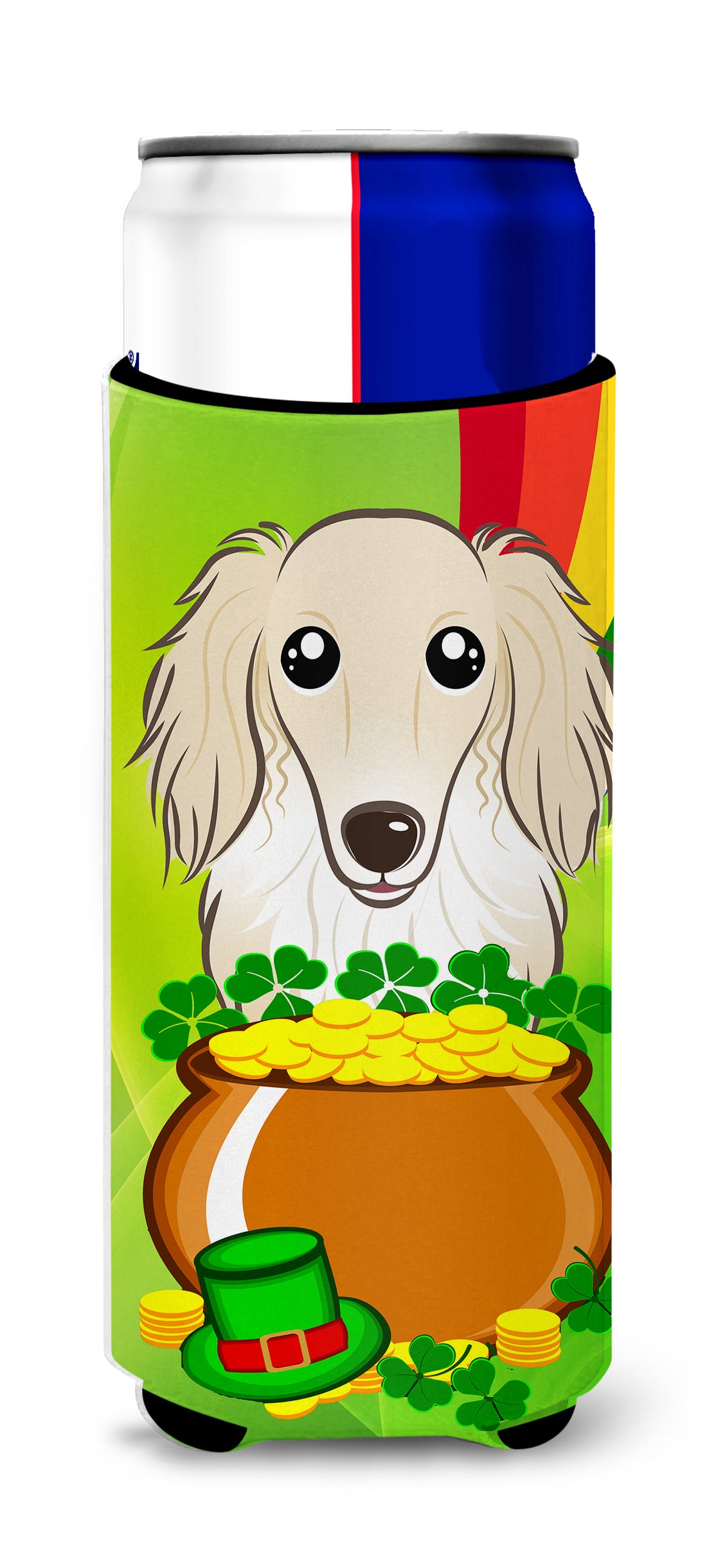 Longhair Creme Dachshund St. Patrick&#39;s Day  Ultra Beverage Insulator for slim cans BB1956MUK