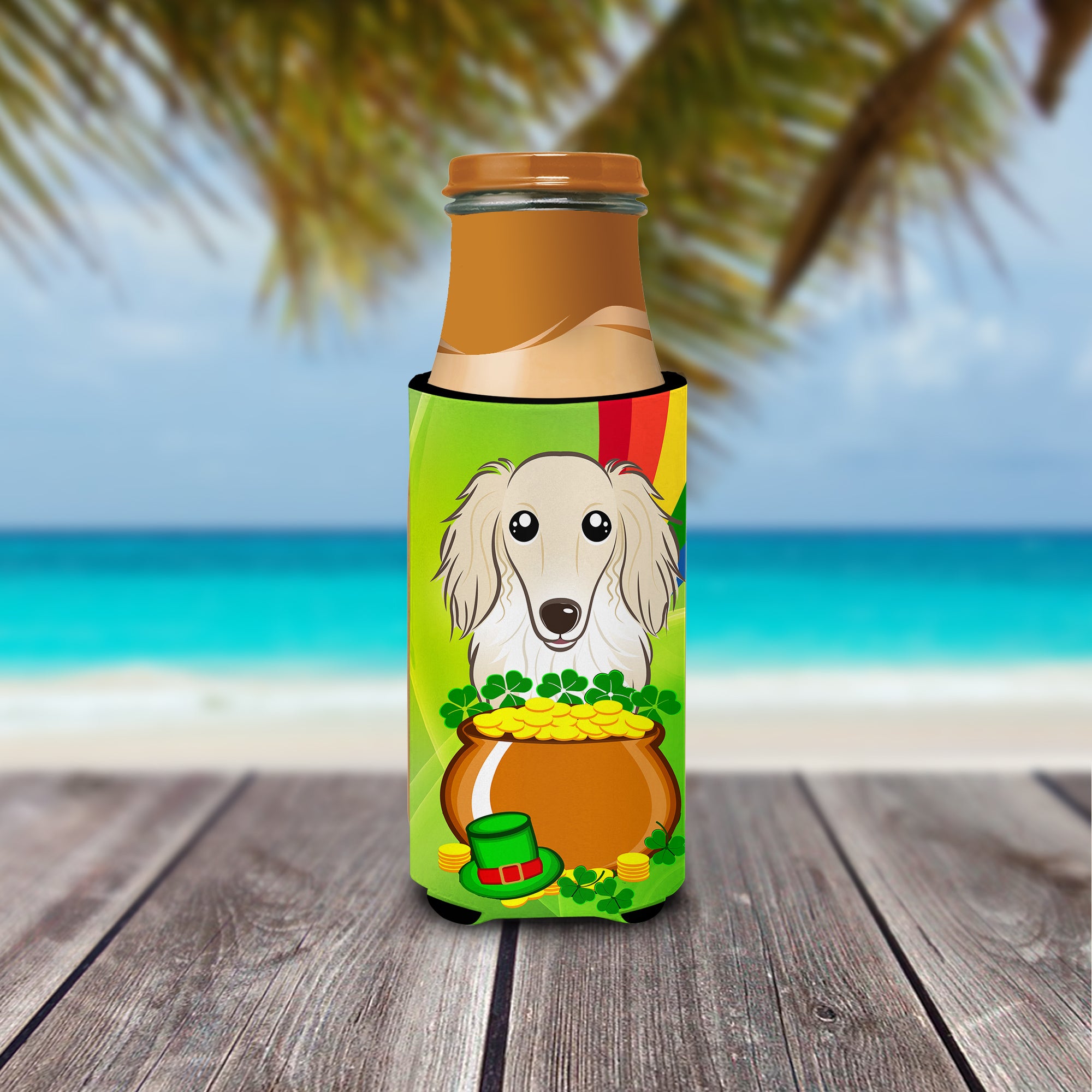 Longhair Creme Dachshund St. Patrick's Day  Ultra Beverage Insulator for slim cans BB1956MUK  the-store.com.
