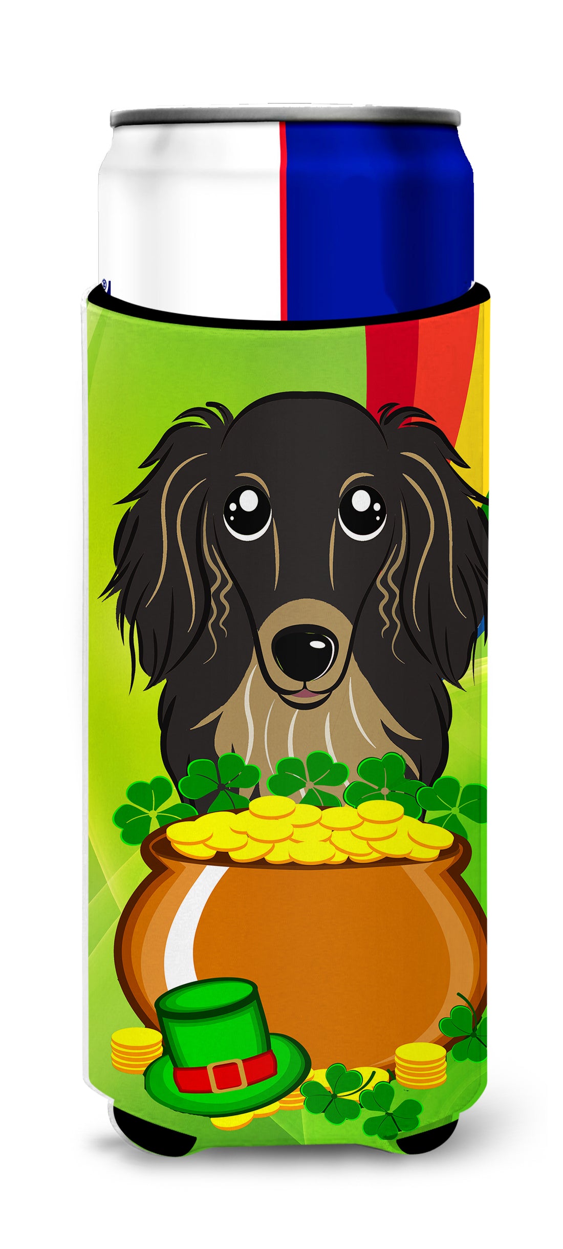 Longhair Black and Tan Dachshund St. Patrick&#39;s Day  Ultra Beverage Insulator for slim cans BB1957MUK