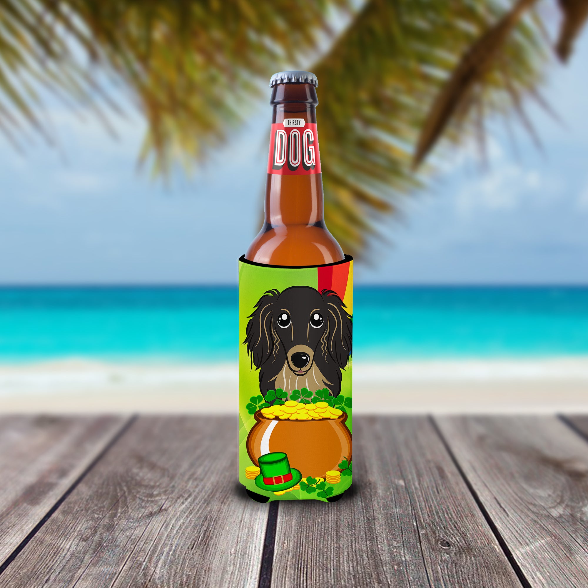 Longhair Black and Tan Dachshund St. Patrick's Day  Ultra Beverage Insulator for slim cans BB1957MUK  the-store.com.