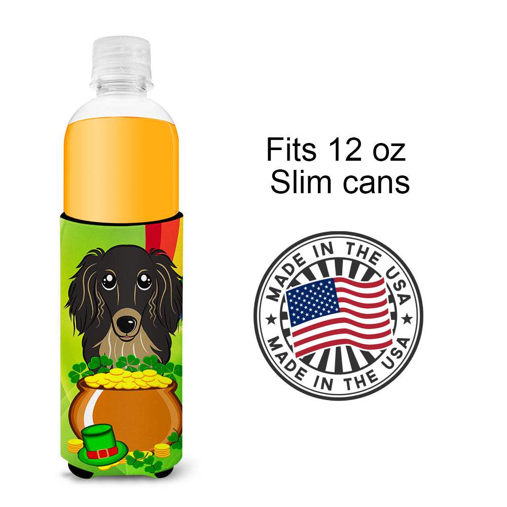 Longhair Black and Tan Dachshund St. Patrick's Day  Ultra Beverage Insulator for slim cans BB1957MUK  the-store.com.