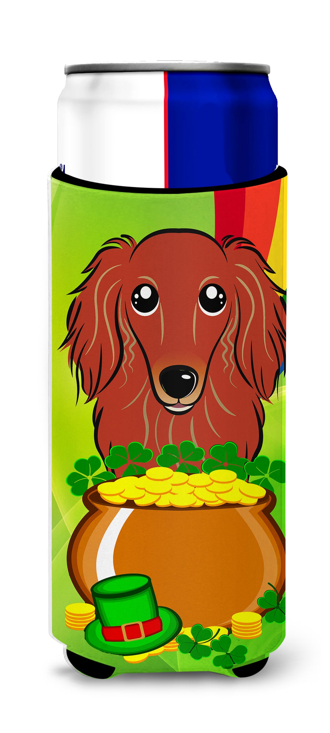 Longhair Red Dachshund St. Patrick&#39;s Day  Ultra Beverage Insulator for slim cans BB1958MUK
