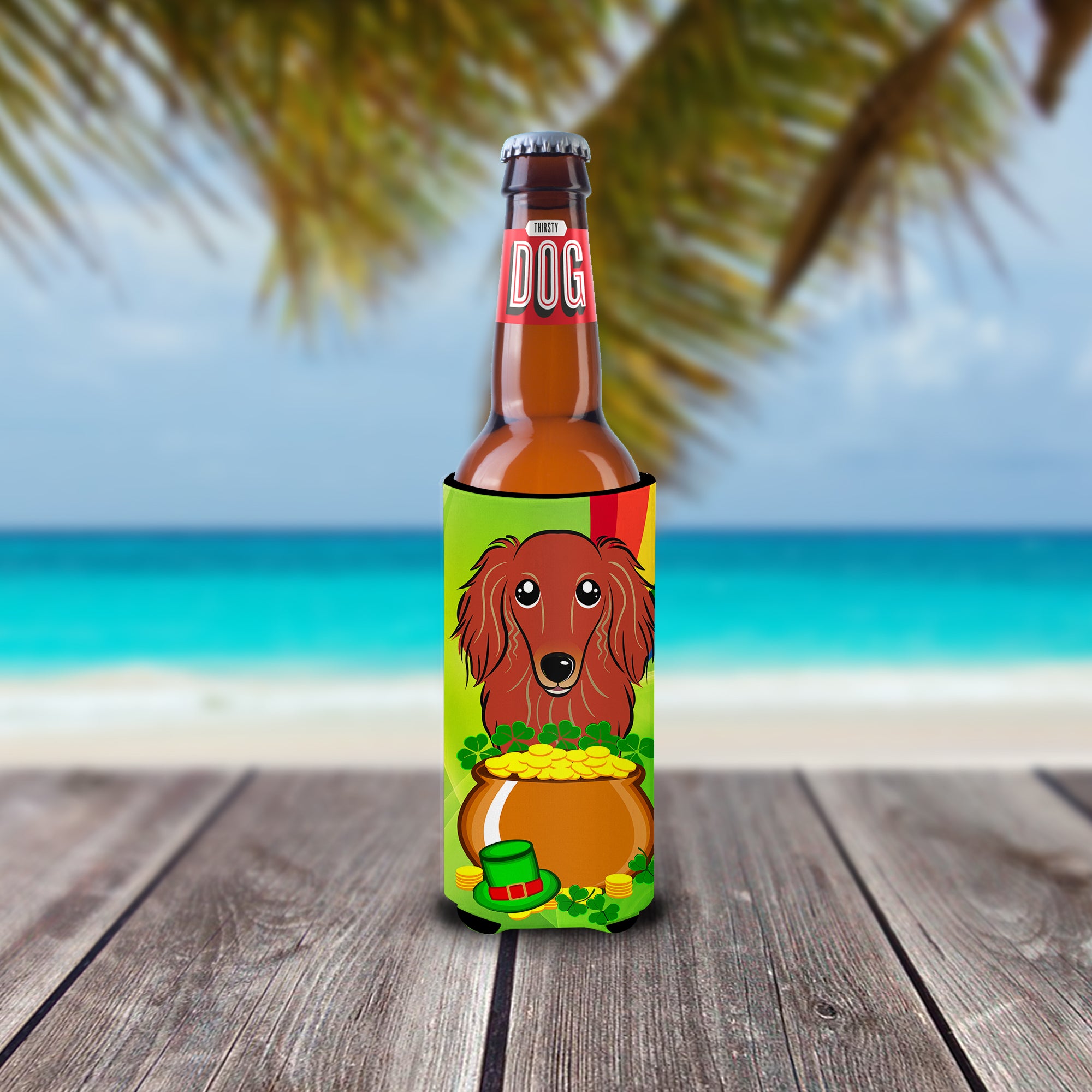 Longhair Red Dachshund St. Patrick's Day  Ultra Beverage Insulator for slim cans BB1958MUK  the-store.com.