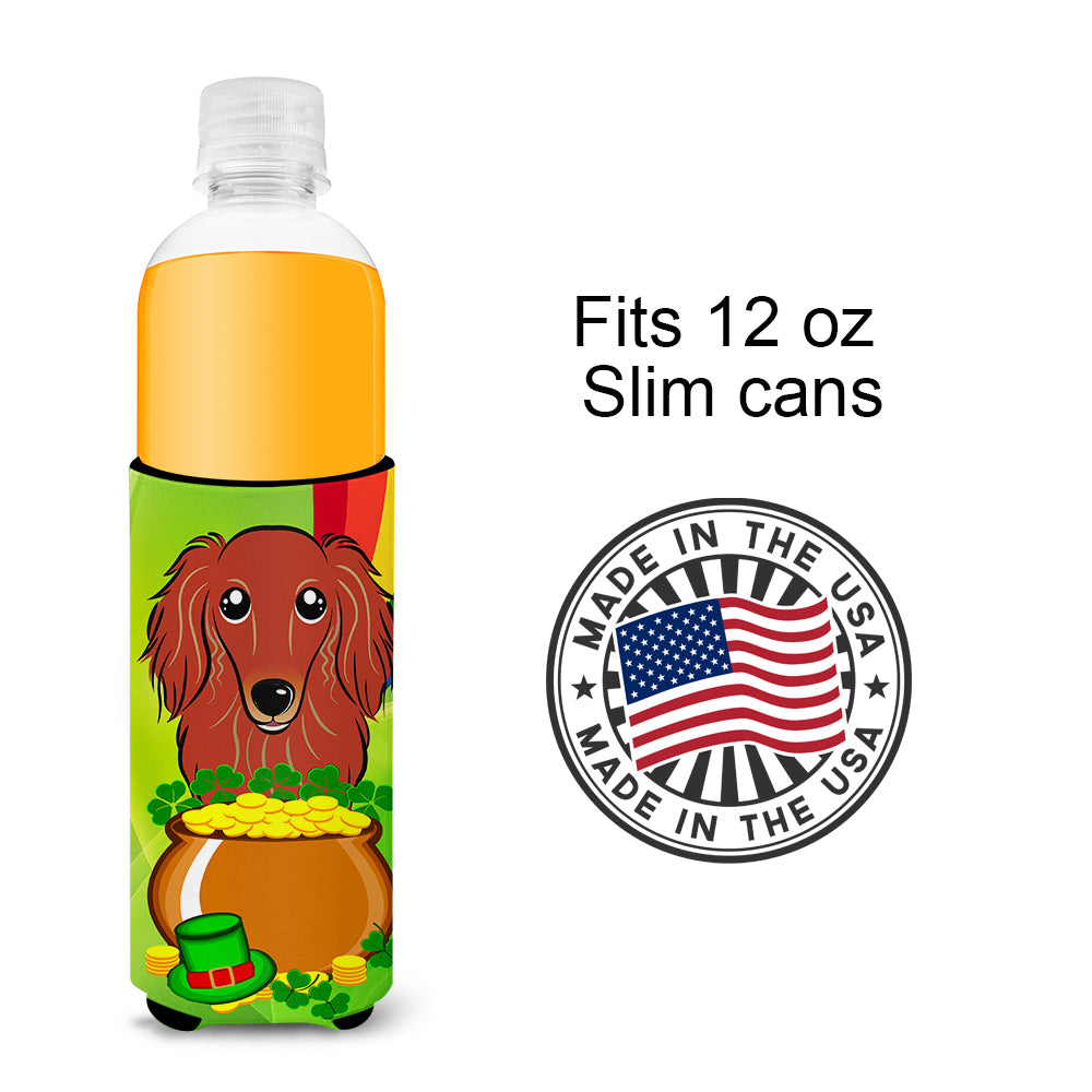 Longhair Red Dachshund St. Patrick's Day  Ultra Beverage Insulator for slim cans BB1958MUK  the-store.com.