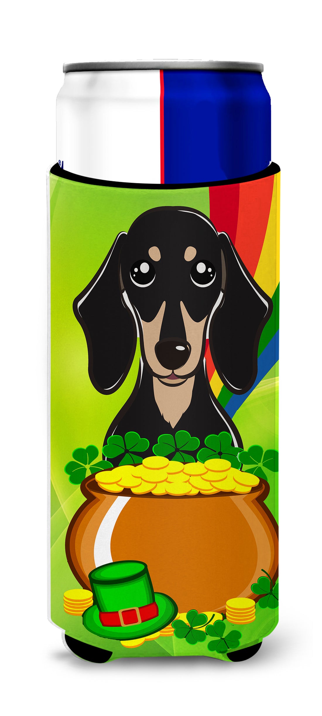 Smooth Black and Tan Dachshund St. Patrick&#39;s Day  Ultra Beverage Insulator for slim cans BB1959MUK