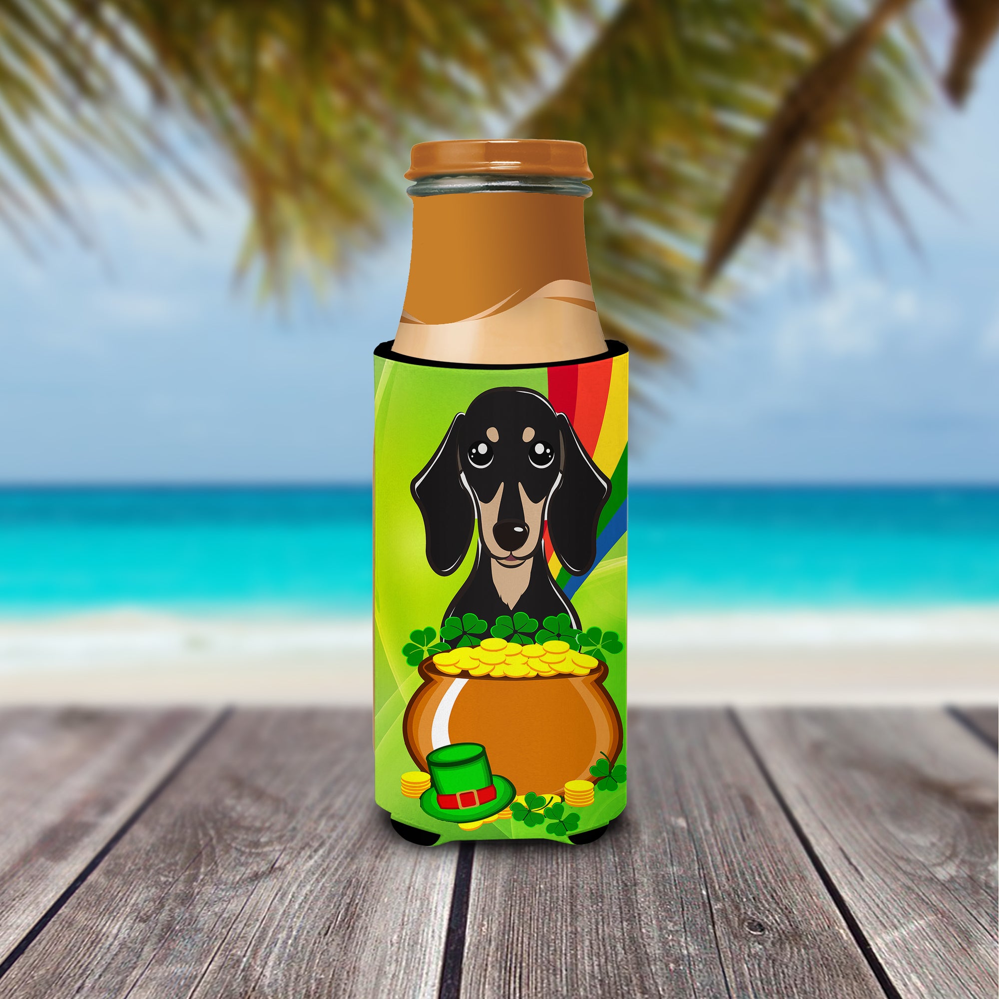 Smooth Black and Tan Dachshund St. Patrick's Day  Ultra Beverage Insulator for slim cans BB1959MUK