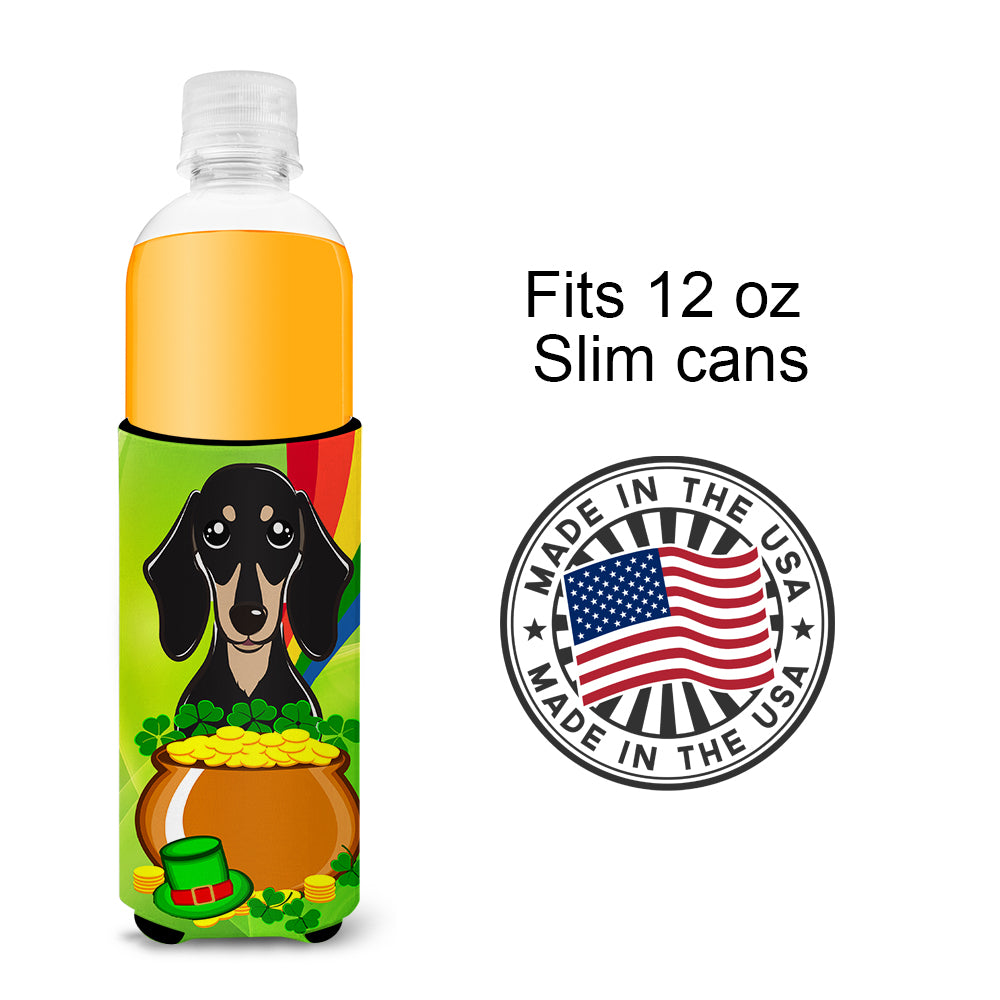 Smooth Black and Tan Dachshund St. Patrick's Day  Ultra Beverage Insulator for slim cans BB1959MUK  the-store.com.