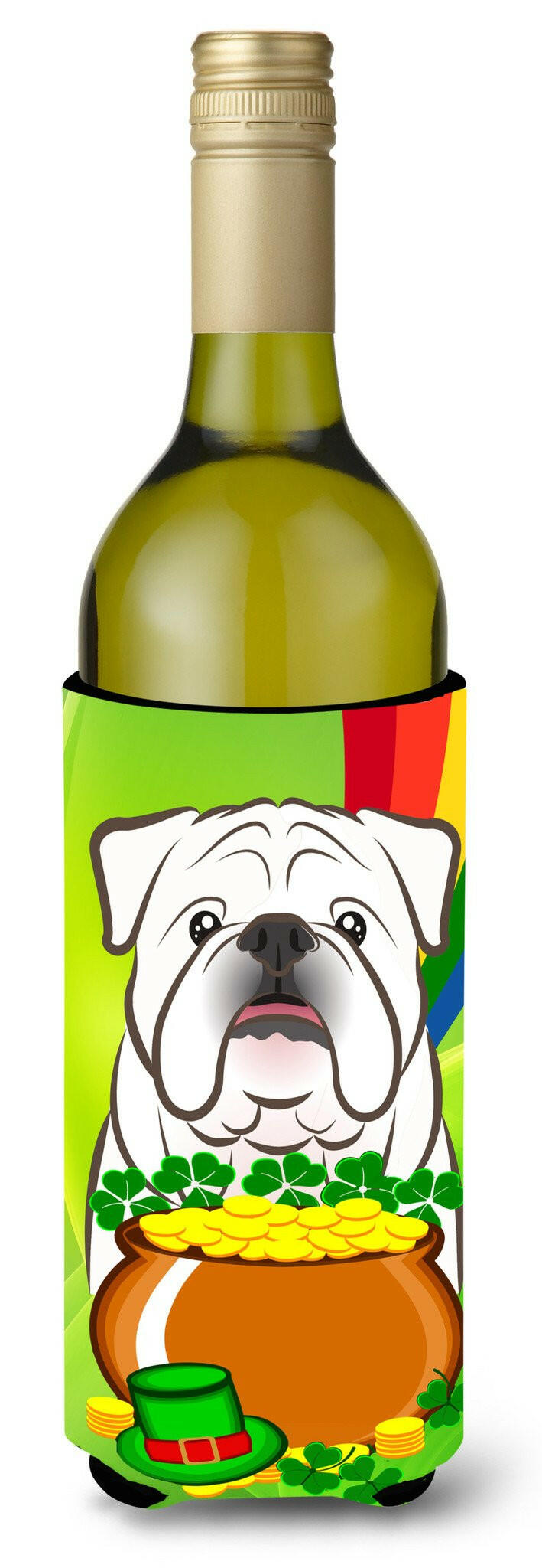 White English Bulldog  St. Patrick&#39;s Day Wine Bottle Beverage Insulator Hugger BB1964LITERK by Caroline&#39;s Treasures