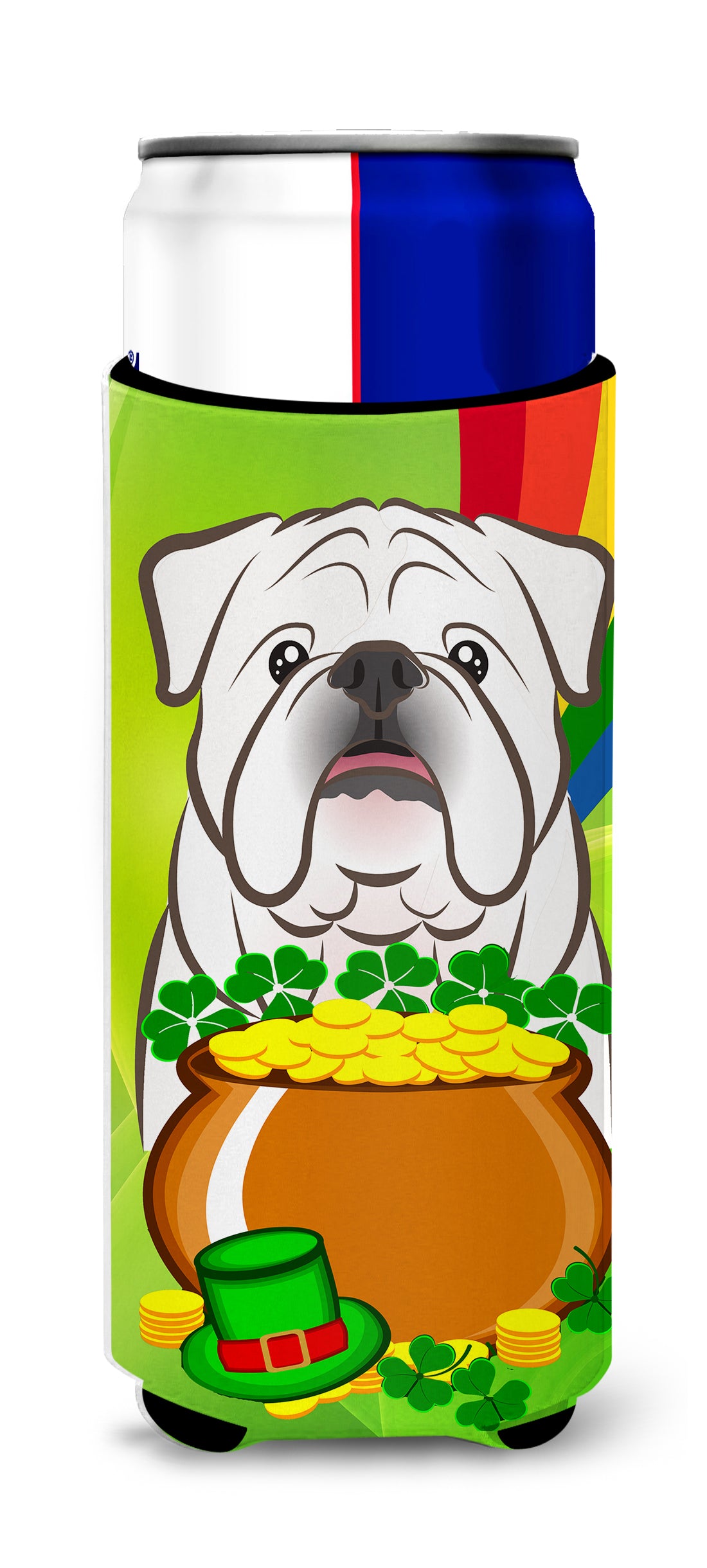 White English Bulldog  St. Patrick&#39;s Day  Ultra Beverage Insulator for slim cans BB1964MUK  the-store.com.