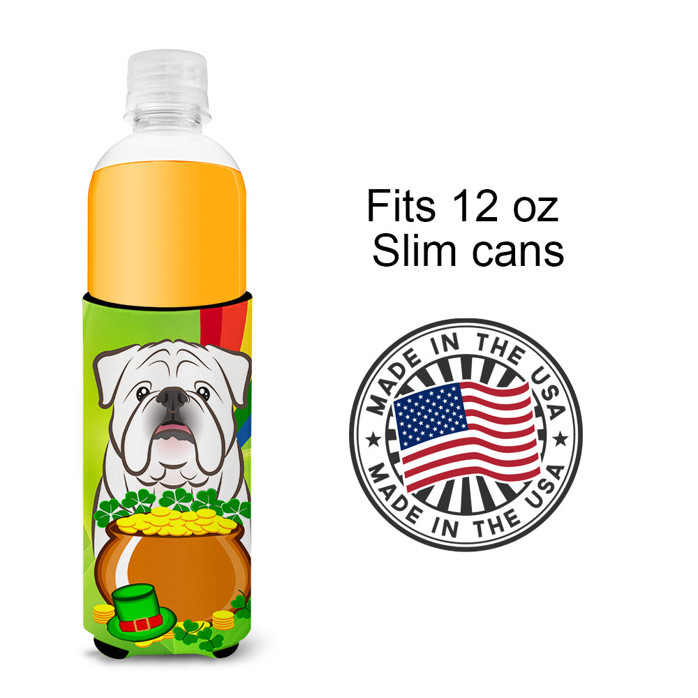 White English Bulldog  St. Patrick's Day  Ultra Beverage Insulator for slim cans BB1964MUK  the-store.com.