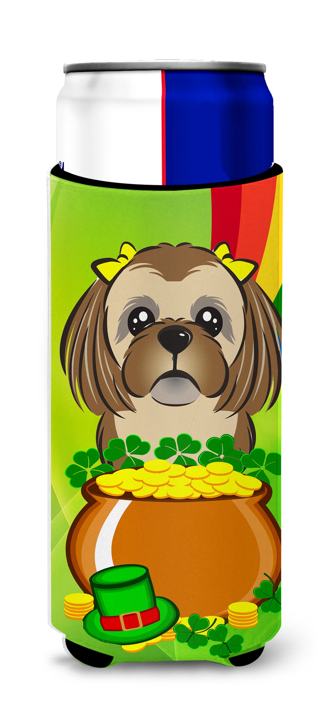 Chocolate Brown Shih Tzu St. Patrick&#39;s Day  Ultra Beverage Insulator for slim cans BB1993MUK