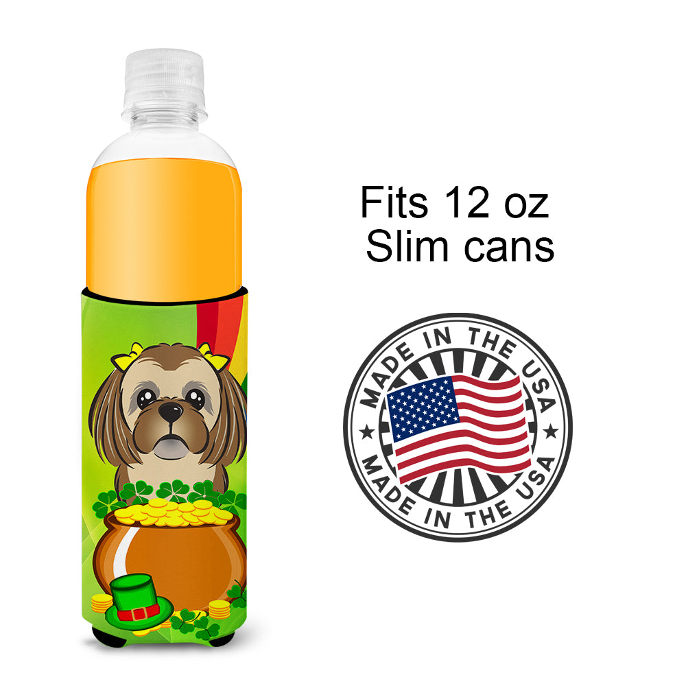 Chocolate Brown Shih Tzu St. Patrick's Day  Ultra Beverage Insulator for slim cans BB1993MUK