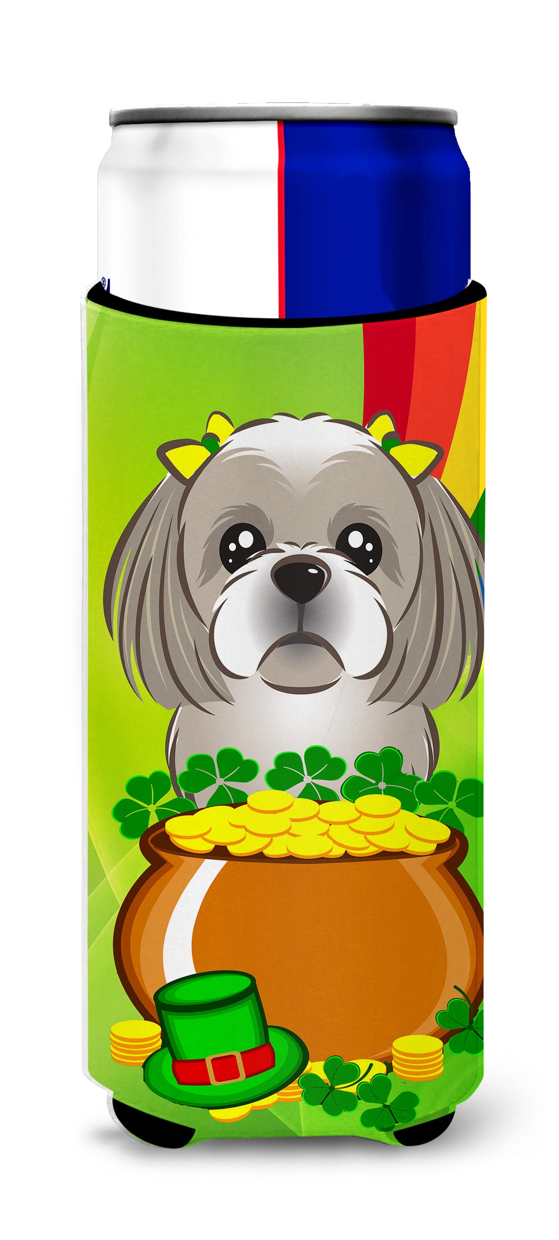Gray Silver Shih Tzu St. Patrick&#39;s Day  Ultra Beverage Insulator for slim cans BB1994MUK