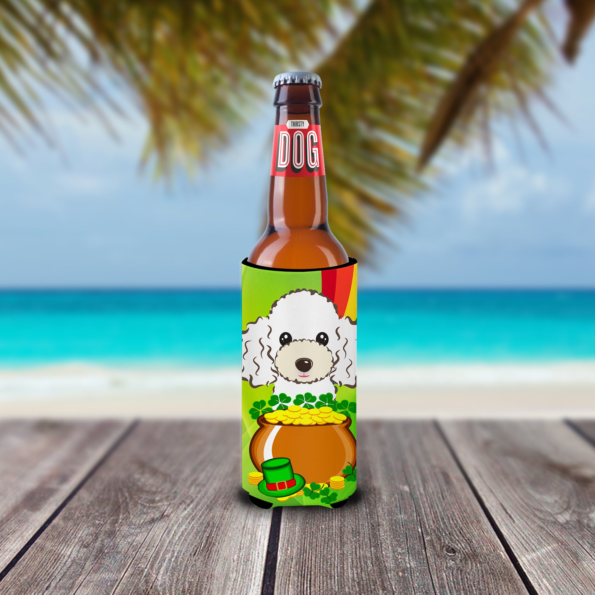 White Poodle St. Patrick's Day  Ultra Beverage Insulator for slim cans BB2001MUK  the-store.com.