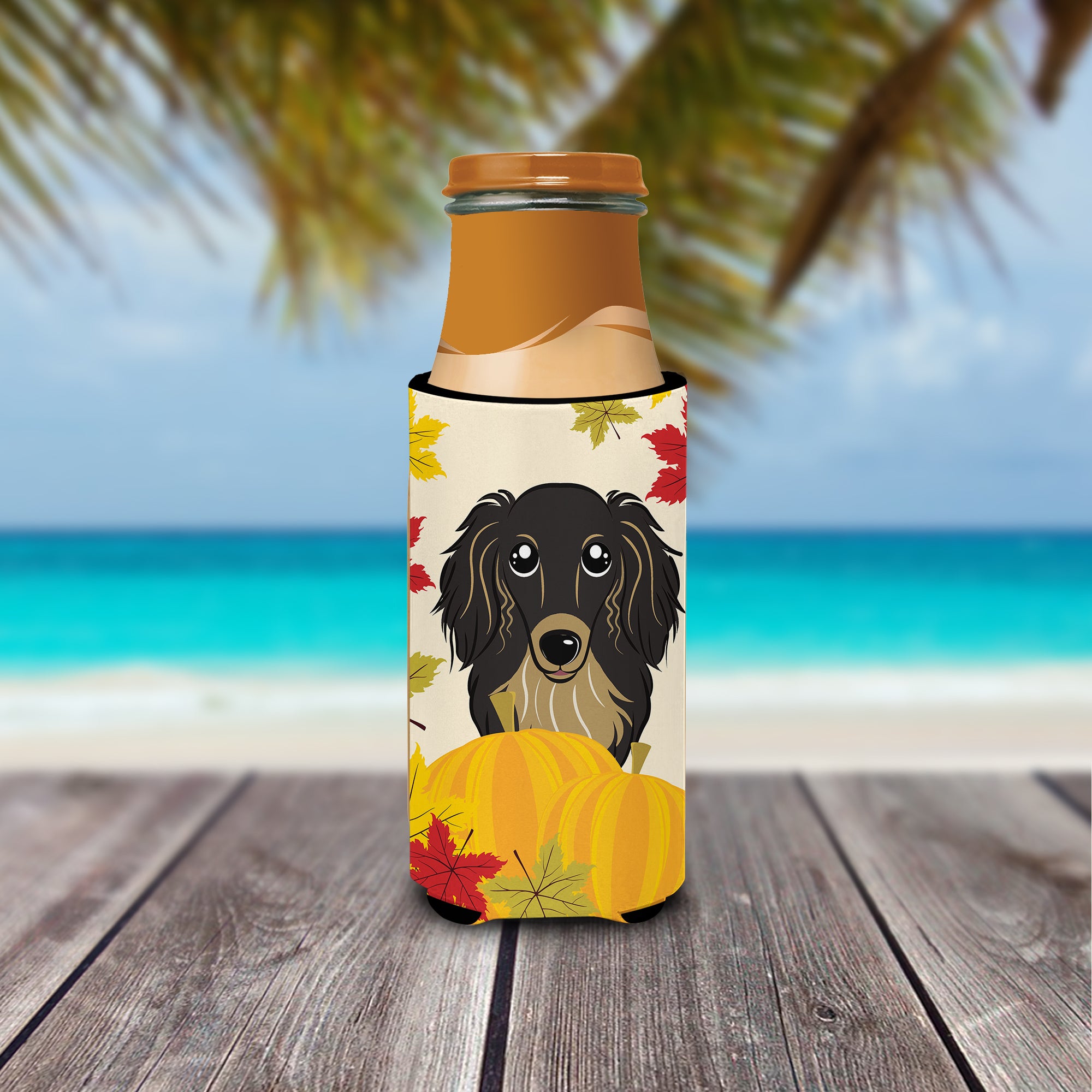 Longhair Black and Tan Dachshund Thanksgiving  Ultra Beverage Insulator for slim cans BB2019MUK  the-store.com.