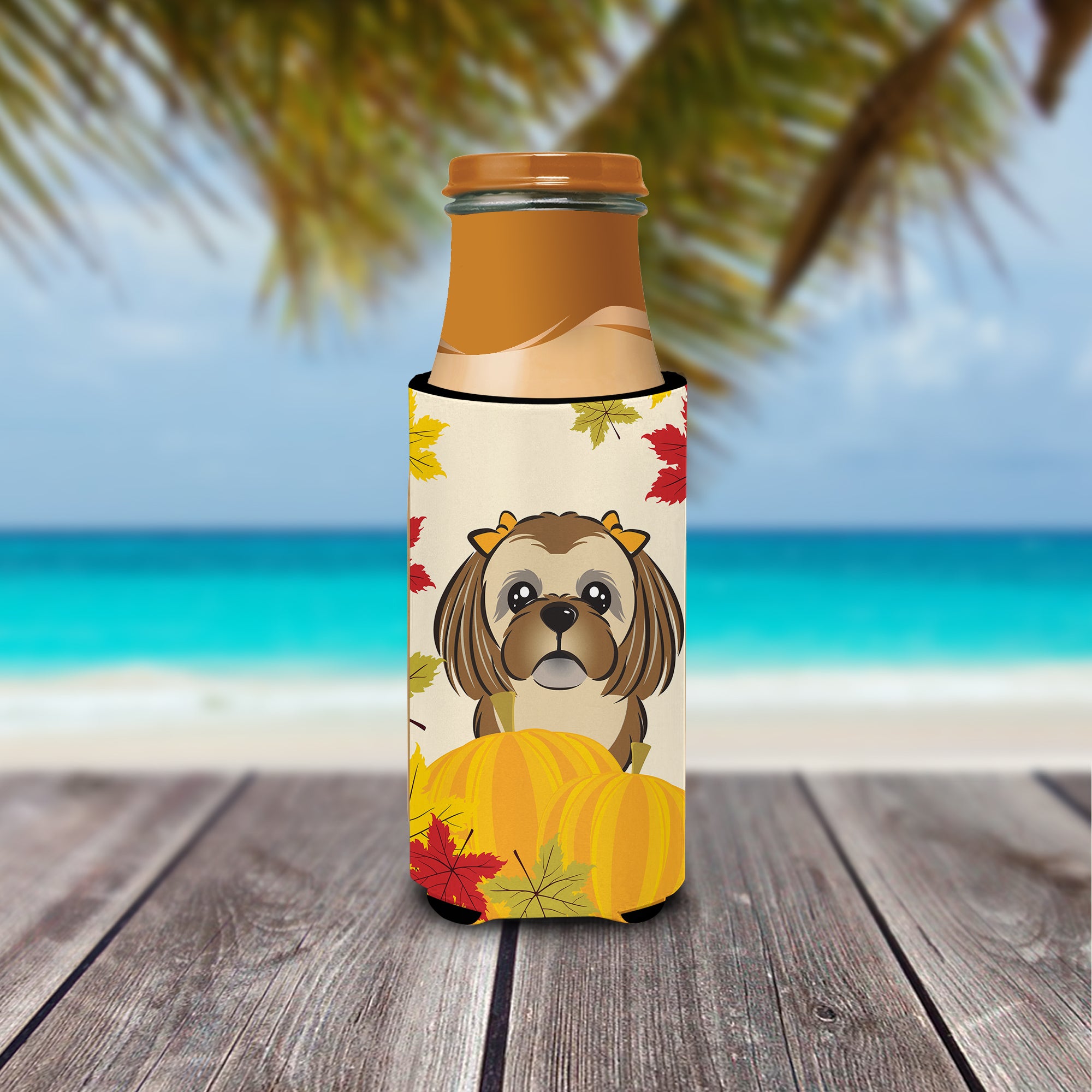 Chocolate Brown Shih Tzu Thanksgiving  Ultra Beverage Insulator for slim cans BB2055MUK  the-store.com.