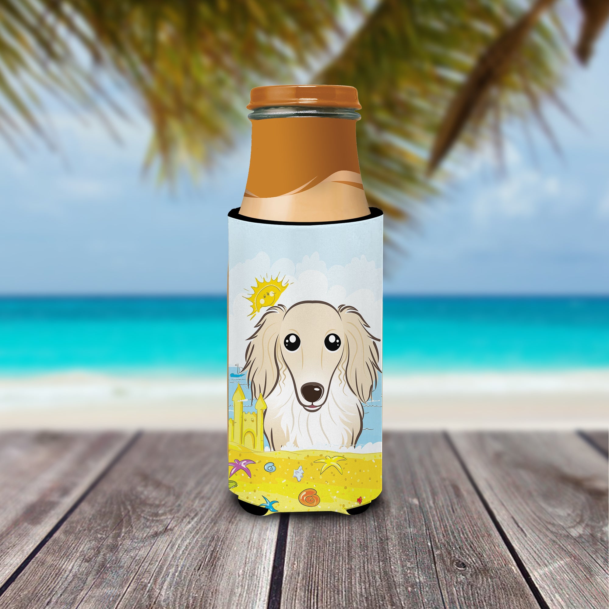 Longhair Creme Dachshund Summer Beach  Ultra Beverage Insulator for slim cans BB2080MUK  the-store.com.