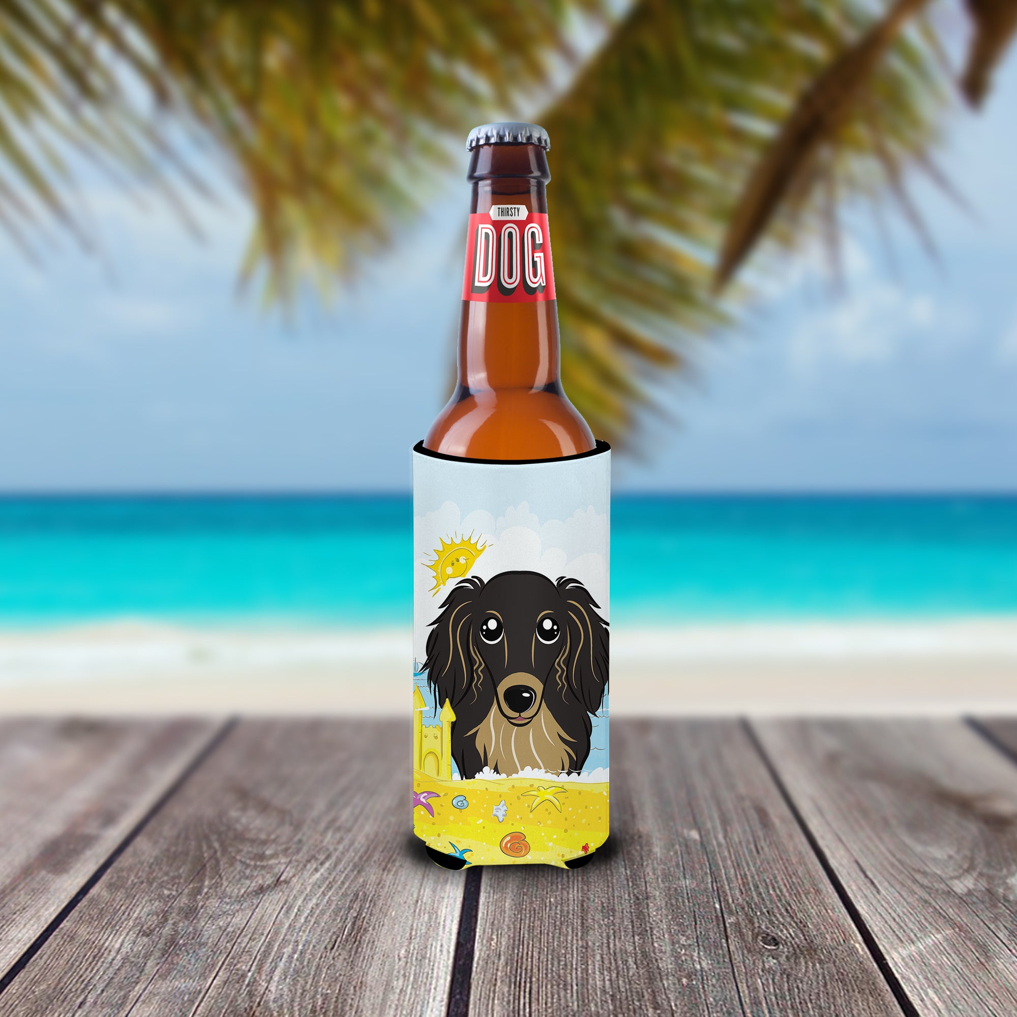 Longhair Black and Tan Dachshund Summer Beach  Ultra Beverage Insulator for slim cans BB2081MUK  the-store.com.