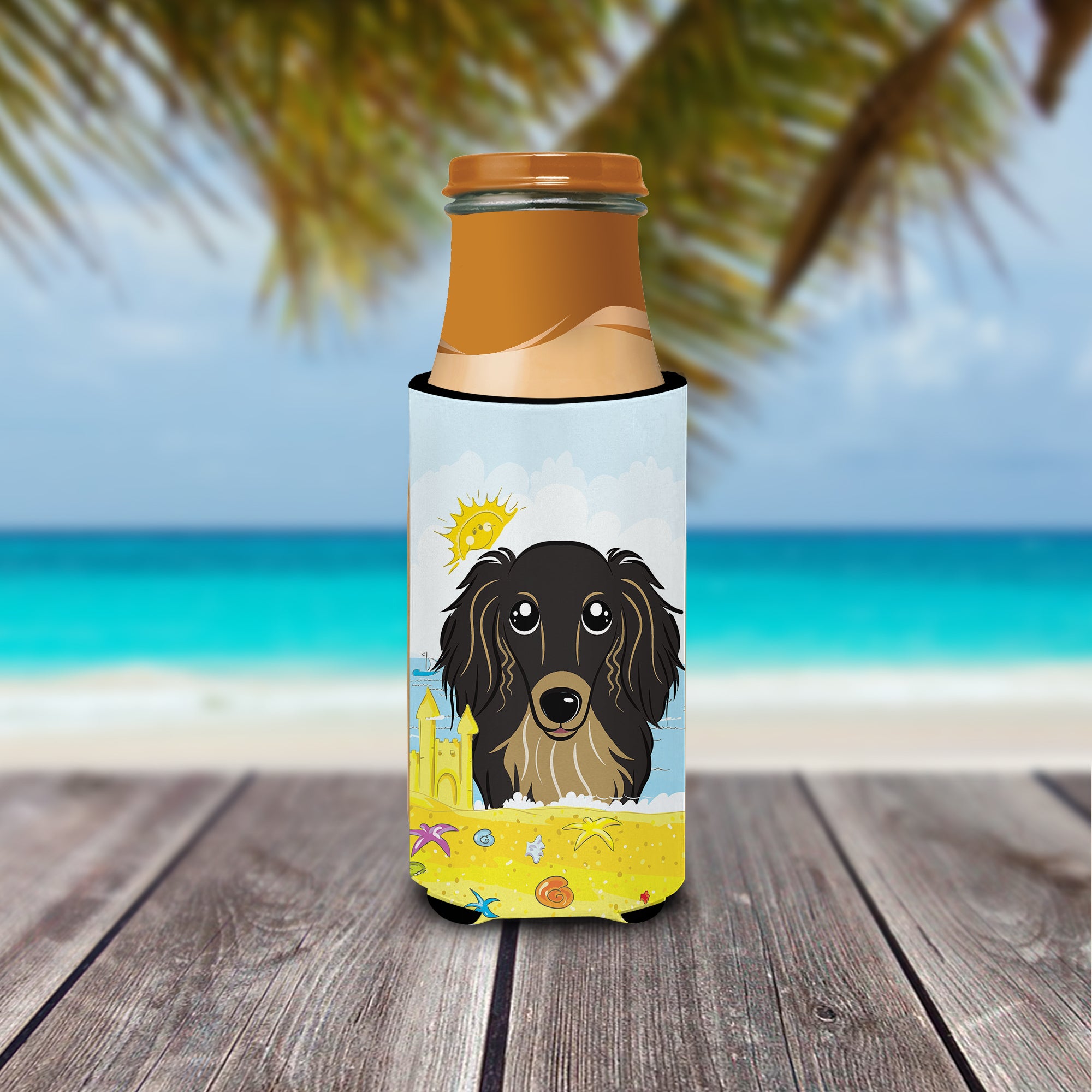 Longhair Black and Tan Dachshund Summer Beach  Ultra Beverage Insulator for slim cans BB2081MUK