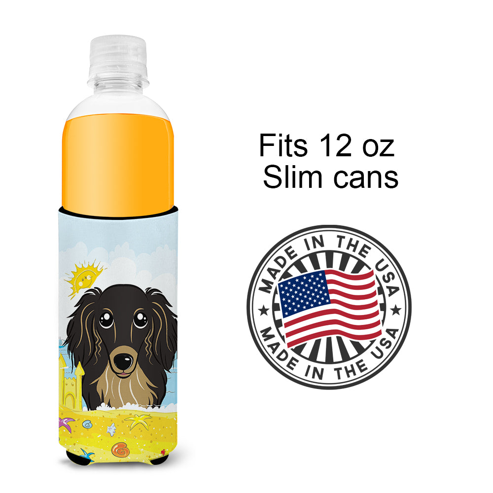 Longhair Black and Tan Dachshund Summer Beach  Ultra Beverage Insulator for slim cans BB2081MUK  the-store.com.