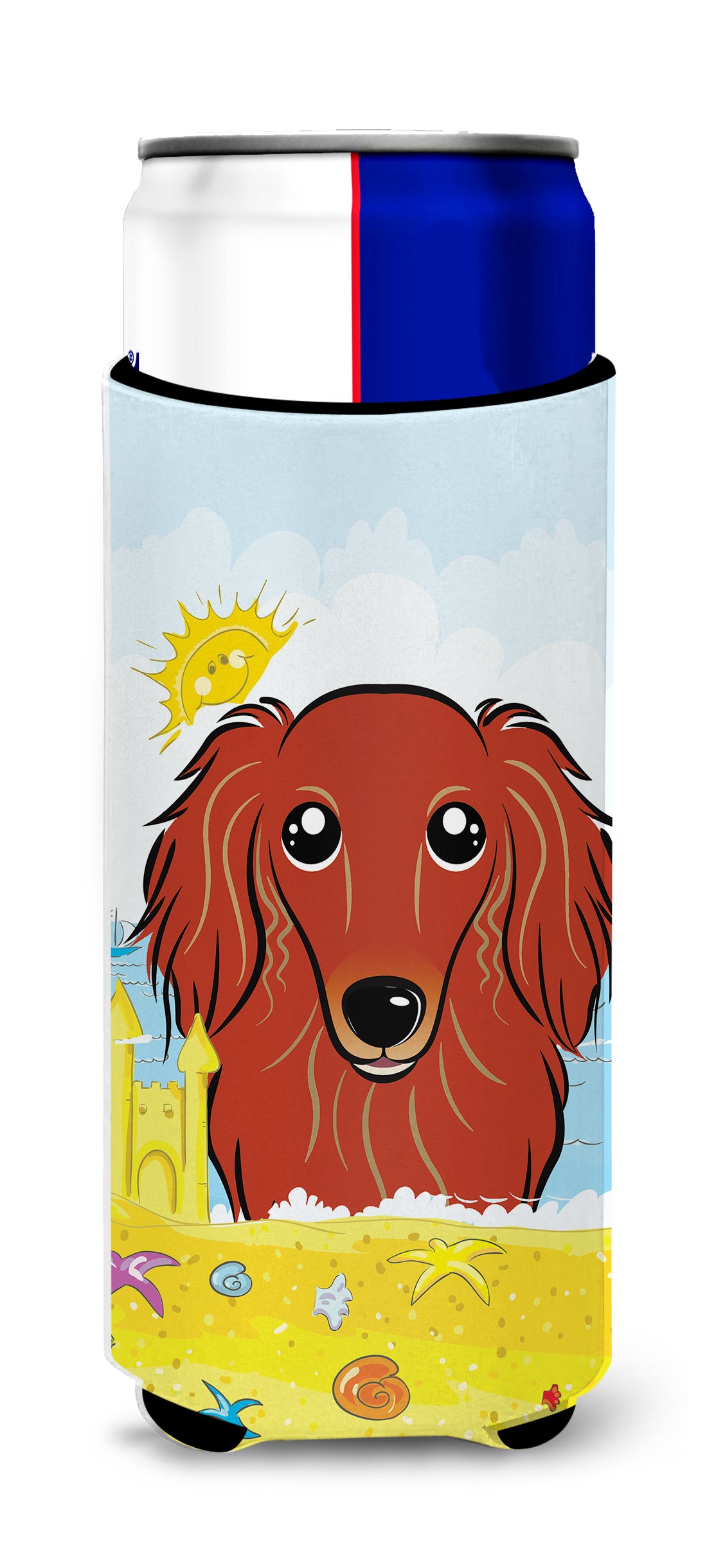 Longhair Red Dachshund Summer Beach  Ultra Beverage Insulator for slim cans BB2082MUK  the-store.com.