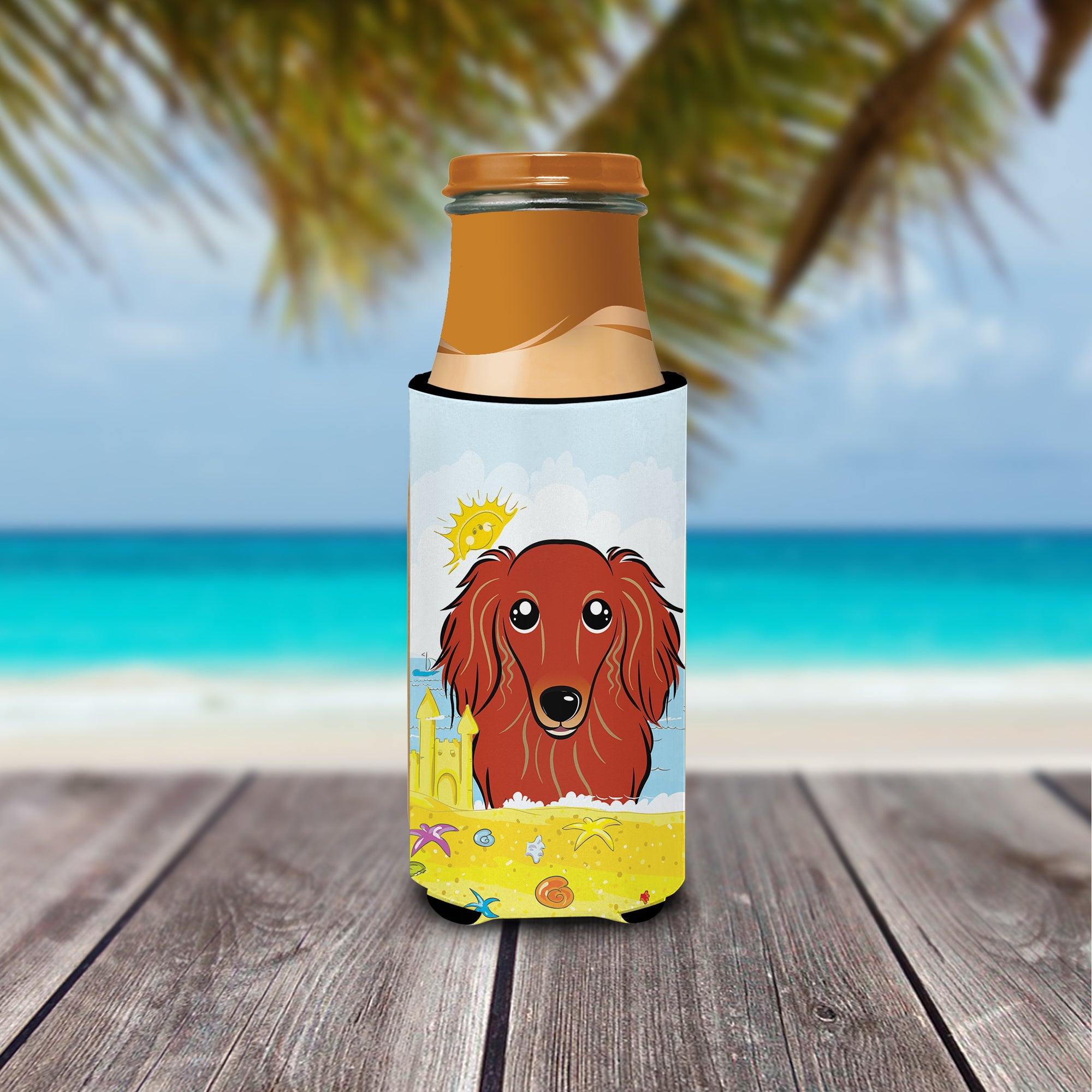 Longhair Red Dachshund Summer Beach  Ultra Beverage Insulator for slim cans BB2082MUK  the-store.com.