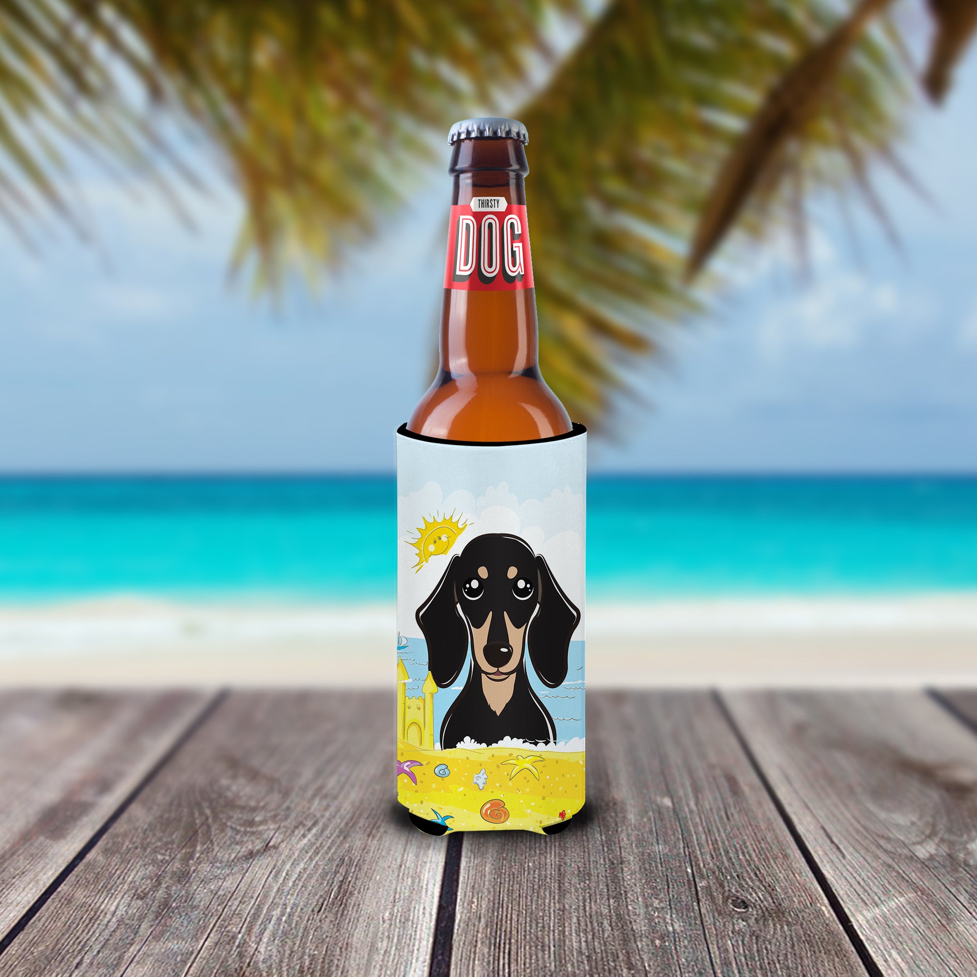 Isolateur de boisson Michelob Ultra noir et beige lisse teckel Summer Beach pour canettes minces BB2083MUK