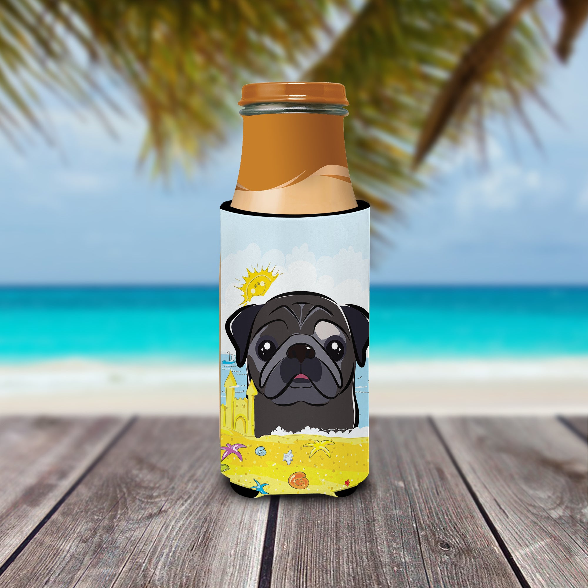 Black Pug Summer Beach  Ultra Beverage Insulator for slim cans BB2131MUK  the-store.com.