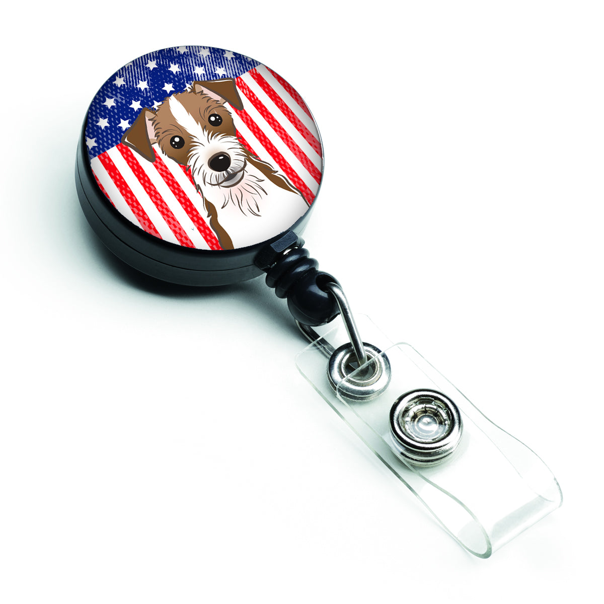 Bobine de badge rétractable drapeau américain et Jack Russell Terrier BB2132BR
