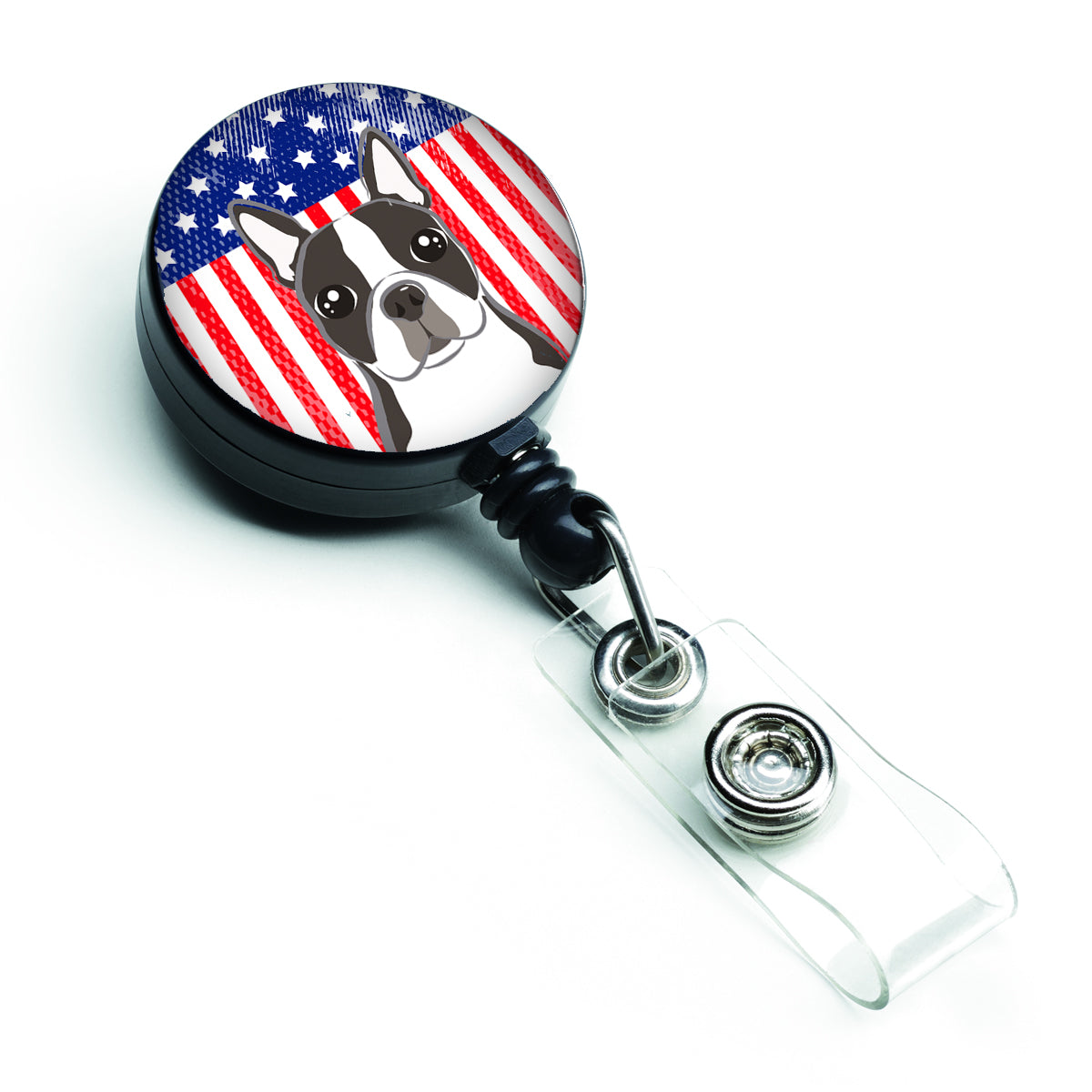 Bobine de badge rétractable drapeau américain et Boston Terrier BB2133BR