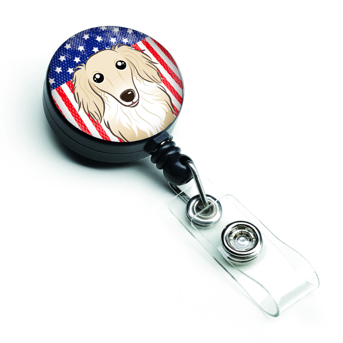 American Flag and Longhair Creme Dachshund Retractable Badge Reel BB2142BR